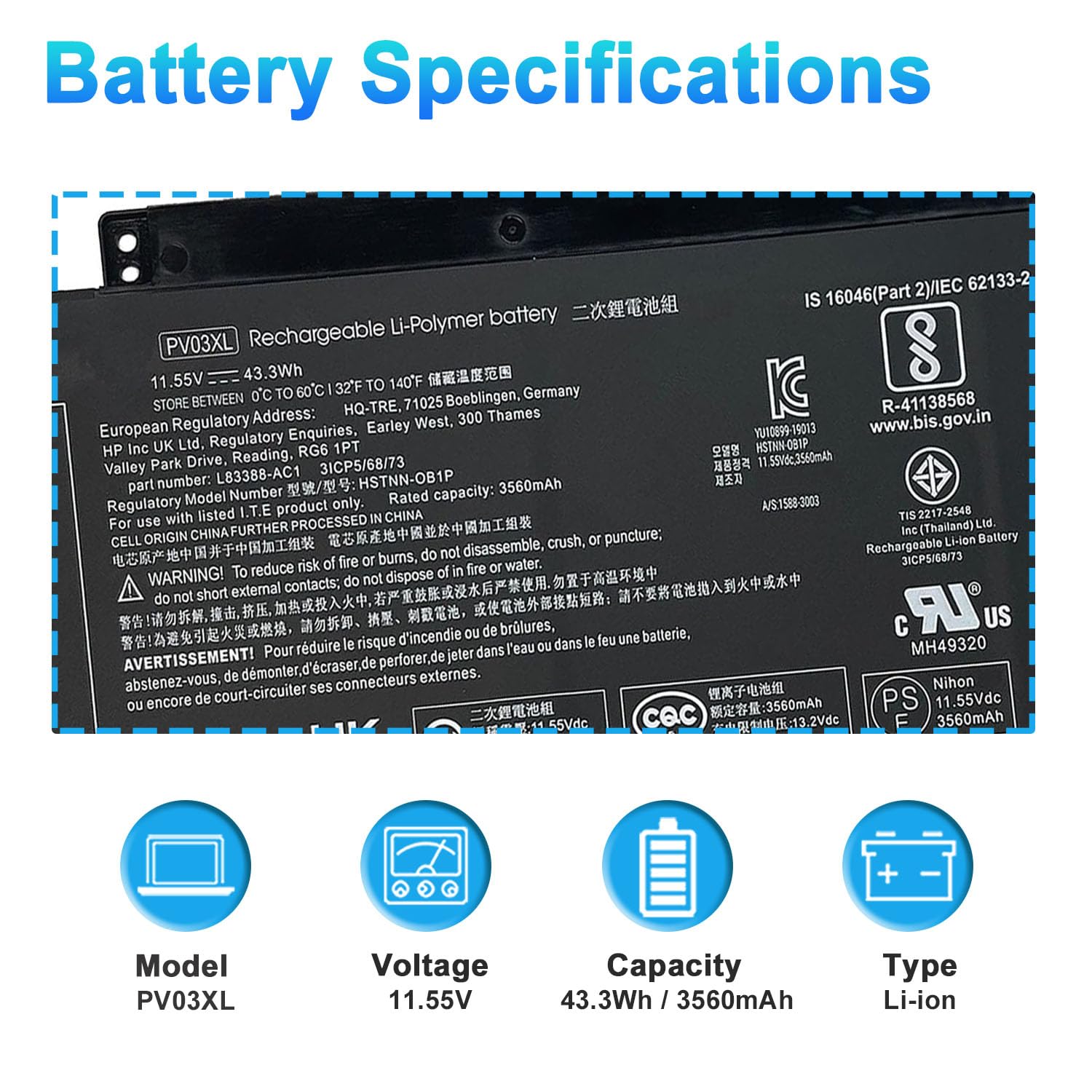 Amazon.com: PV03XL PP03XL L83388-AC1 Laptop Battery for HP