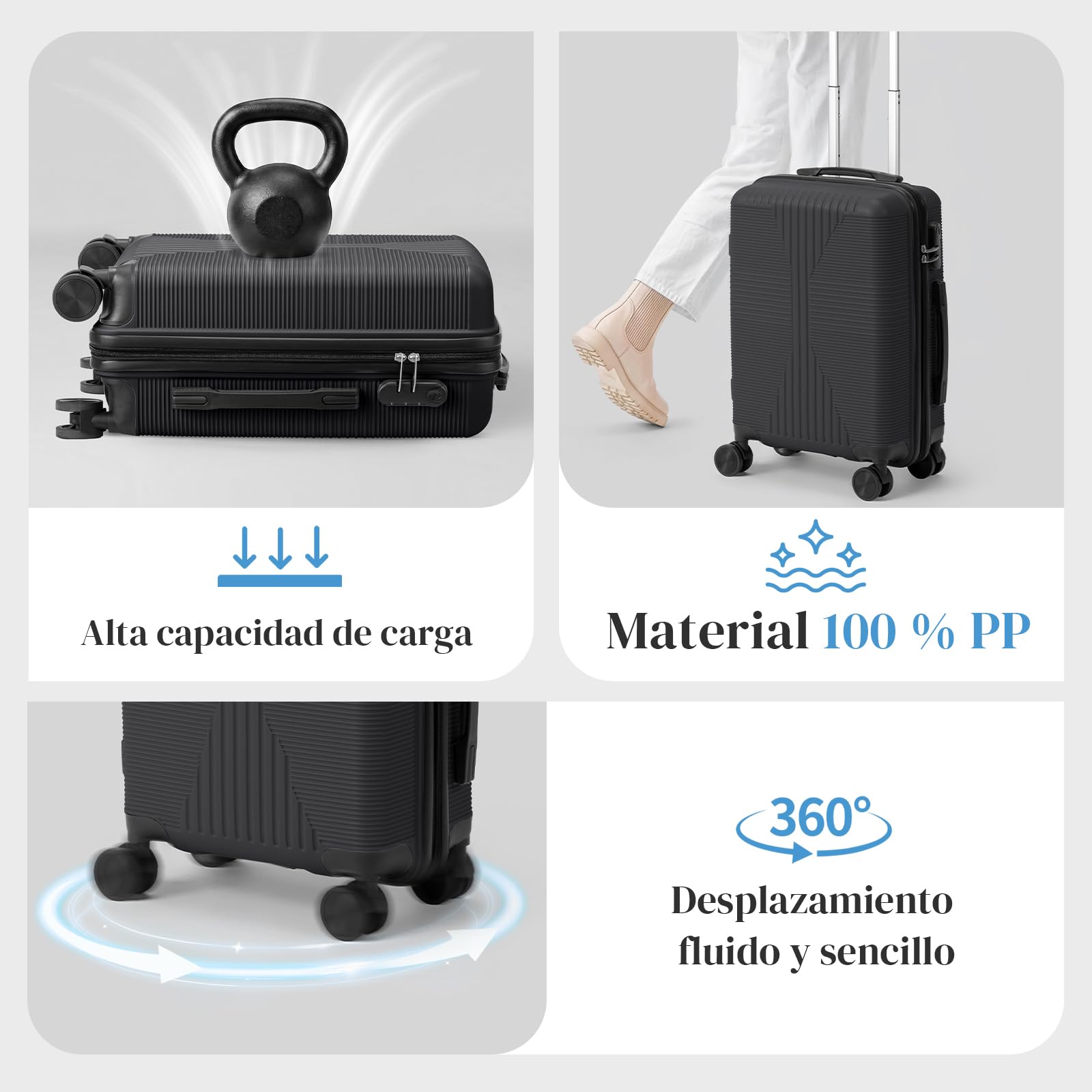 LEADZM Juego de Maletas de 4 Piezas, Maleta Cabina (Negro)