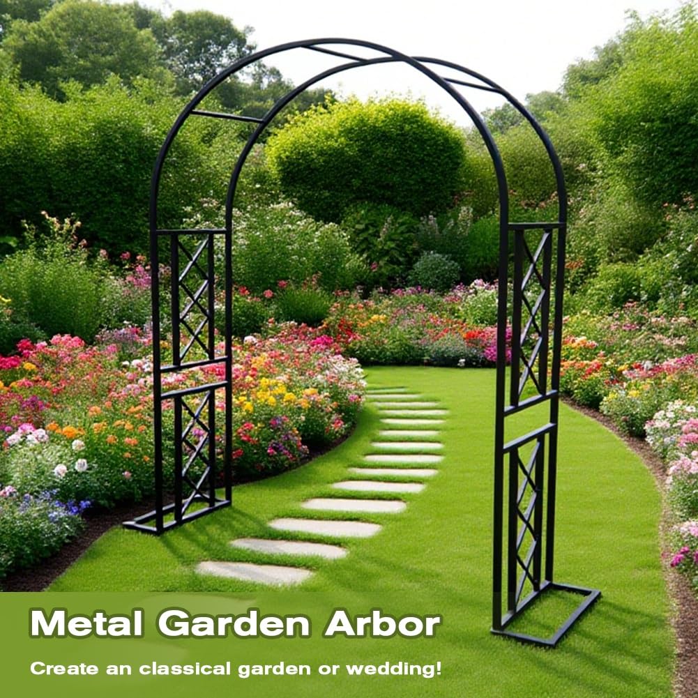 Metalowa kratka ogrodowa, pergola łukowa, do roślin pnących, winorośli i kwiatów, dekoracyjna rama łukowa, na ścieżki, wejścia, ceremonię ślubną i dekorację imprezową, czarna, 140 x 230 x 40 cm