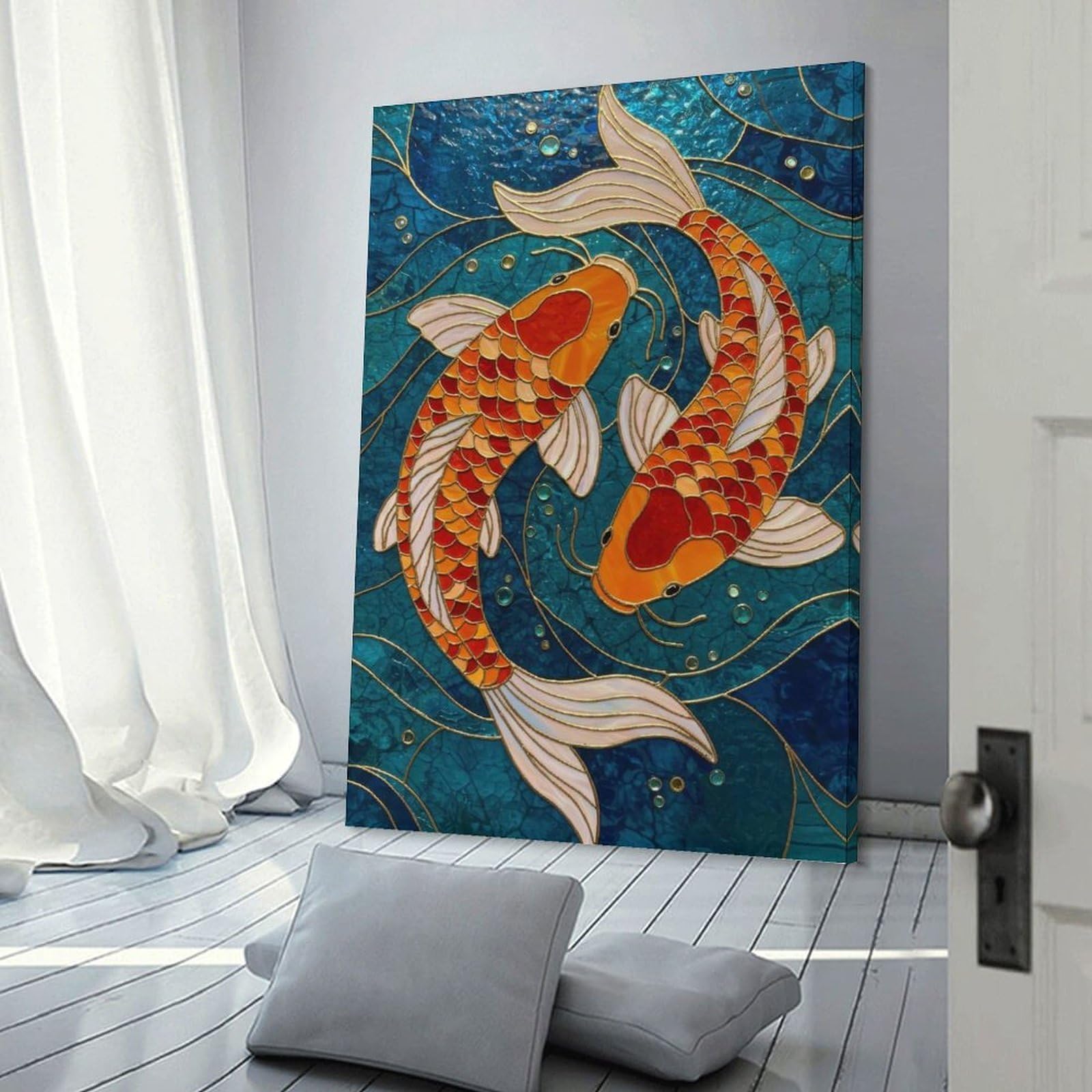 Junmoney Home Decor Wall Art Two Koi Fish Stained Glass, 08x12inch(20x30cm), for New Homes, Bedrooms Or Workspaces, Home Decor Gift with Stylish Appeal