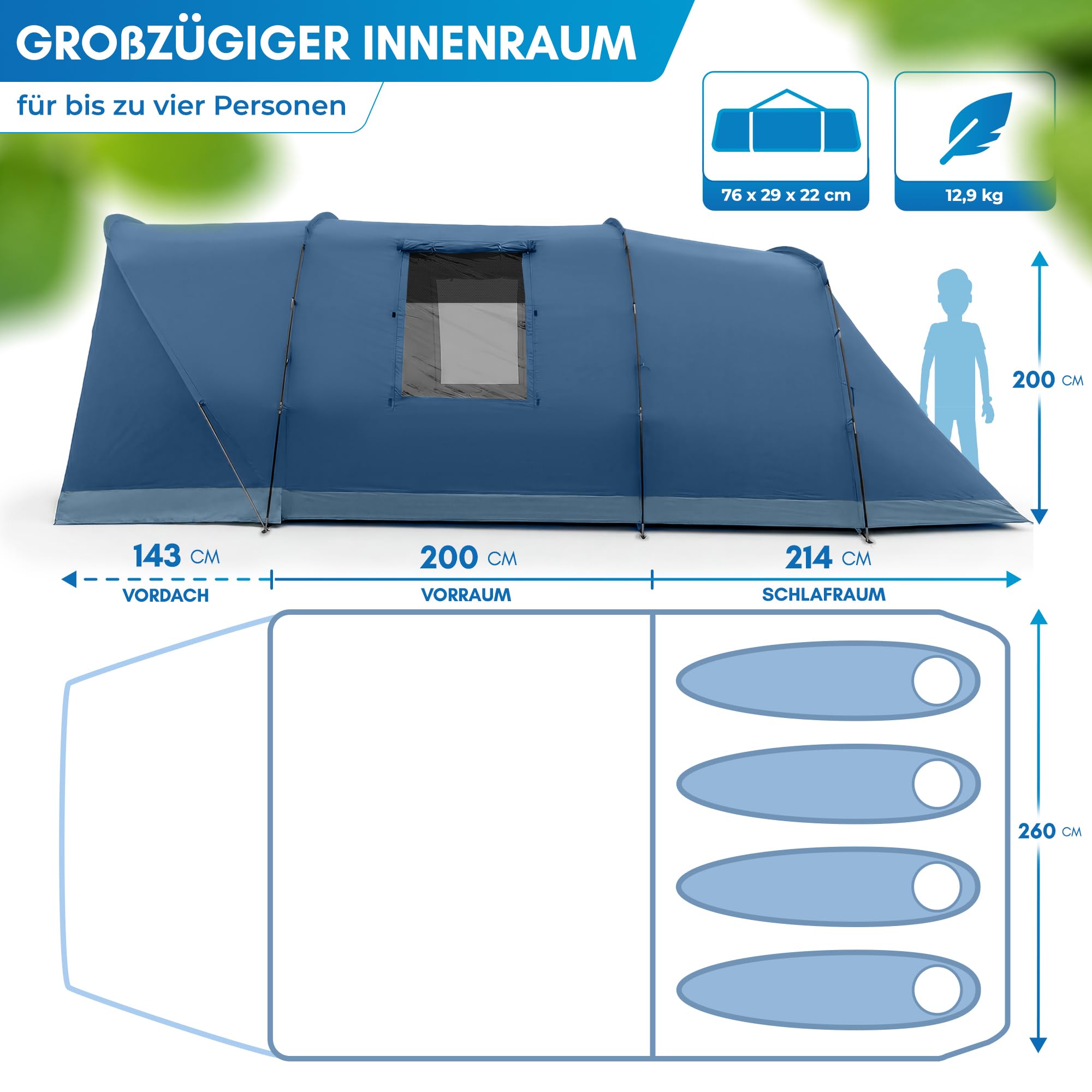 NORDMUT® Tente tunnel 4 ou 6 personnes coupe-vent avec auvent et sol - Tente familiale stable avec hauteur debout - Tente de camping imperméable avec une excellente circulation de l'air