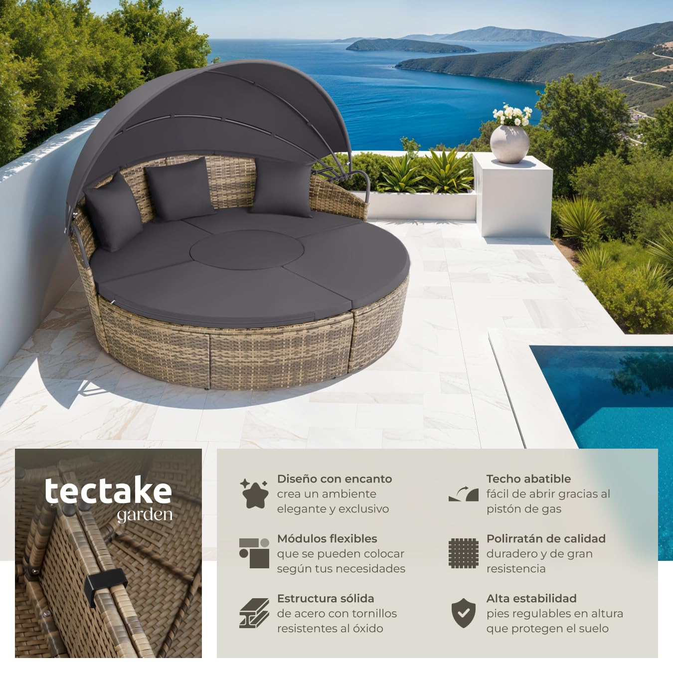 tectake® Isla de Ratán con Cojines, Conjunto Jardín con Toldo Corredizo Plegable, Muebles Jardín Exterior con Estructura en Acero y Resistente a Rayos UV, Conjunto Terraza Combinable - Beige