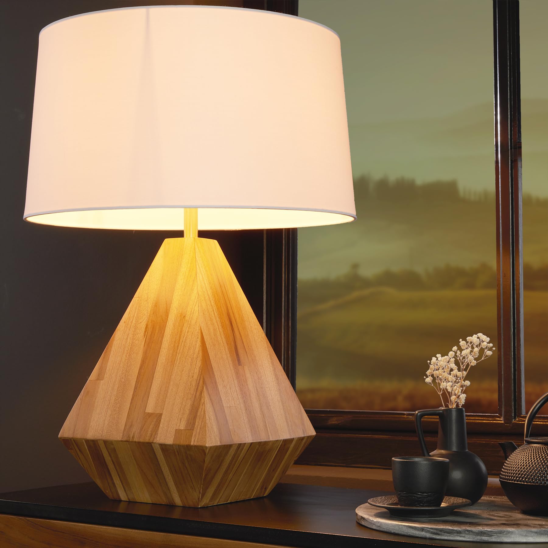 Riess Ambiente Massivholz Tischlampe DIAMOND 65cm Teak natur weiß modern handmade Nachttischlampe Lampe Beistelllampe Dekolampe abstrakte Lampe Wohnzimmerlampe Beleuchtung
