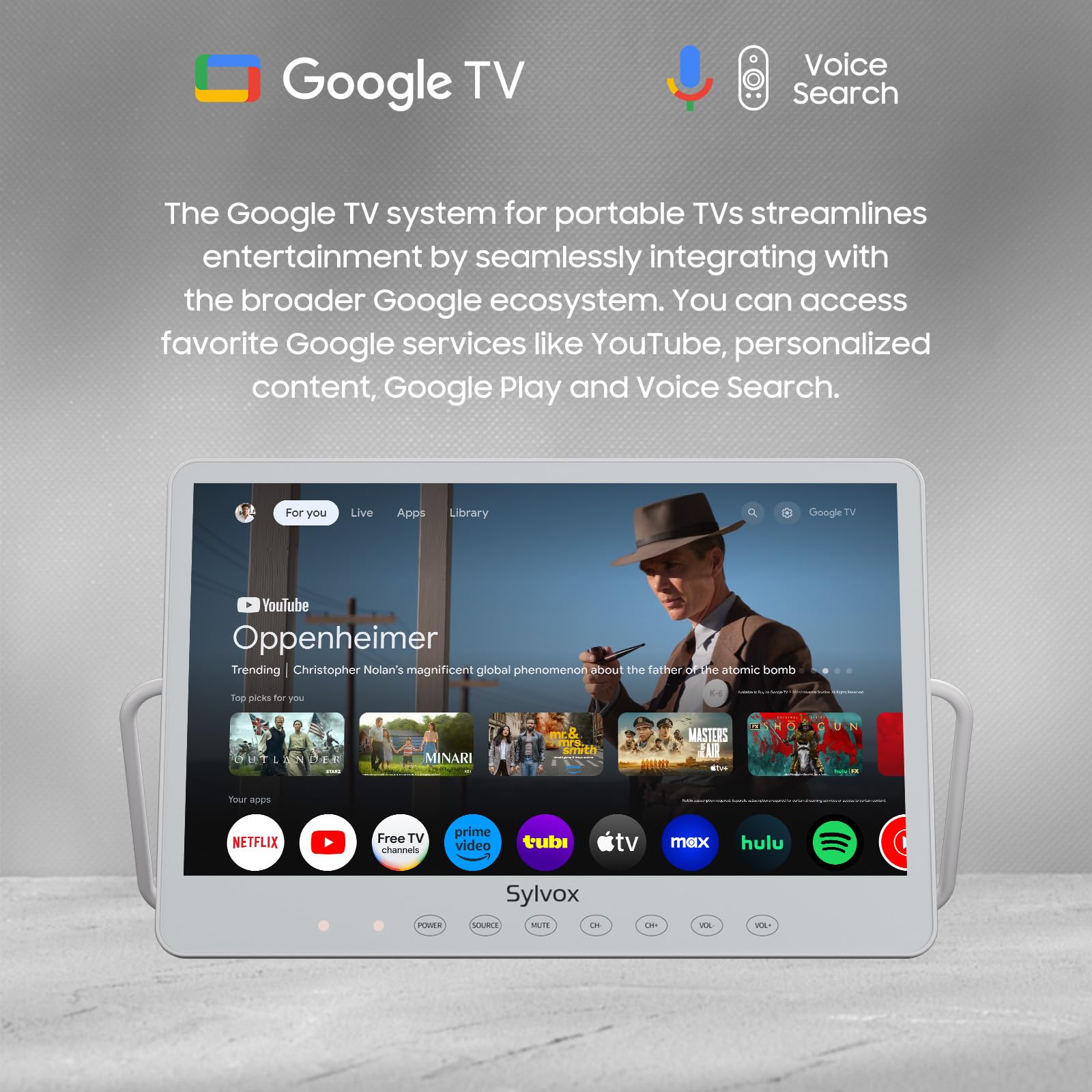 SYLVOX 15,6 Pouces Téléviseur Portable, Smart Google TV IP66 Étanche | Mini TV 1080P FHD Girevole 360°avec Poignée | DVB-C/T/T2/S2 | USB/HDMI -10000mAh (4-6 Heures) pour Camping, Chambre, Cuisine