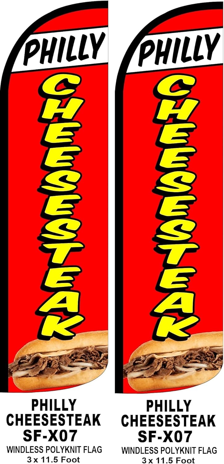 Philly Cheese Steak Flags – Pack of 2 | 11.5 ft x 2.5 ft Outdoor Advertising Flags for Philly Cheese Steak Business | Weatherproof Polyester (Mount & Poles Not Included)