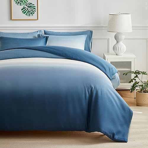 Miniatura 6 de Juego de funda de edredón de tamaño individual, color azul degradado con cierre de cremallera, 1 funda de edredón de 68 x 90 pulgadas, 2 fundas de