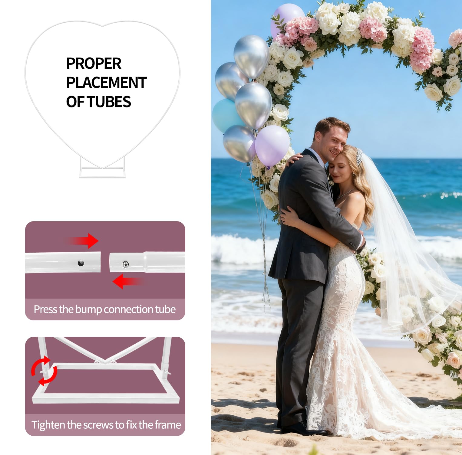 Kit d'arche de ballons en métal de grande taille de 2 m, support d'arche en forme de cœur pour mariage, mariage, Saint-Valentin, fiançailles et fête d'anniversaire (blanc)