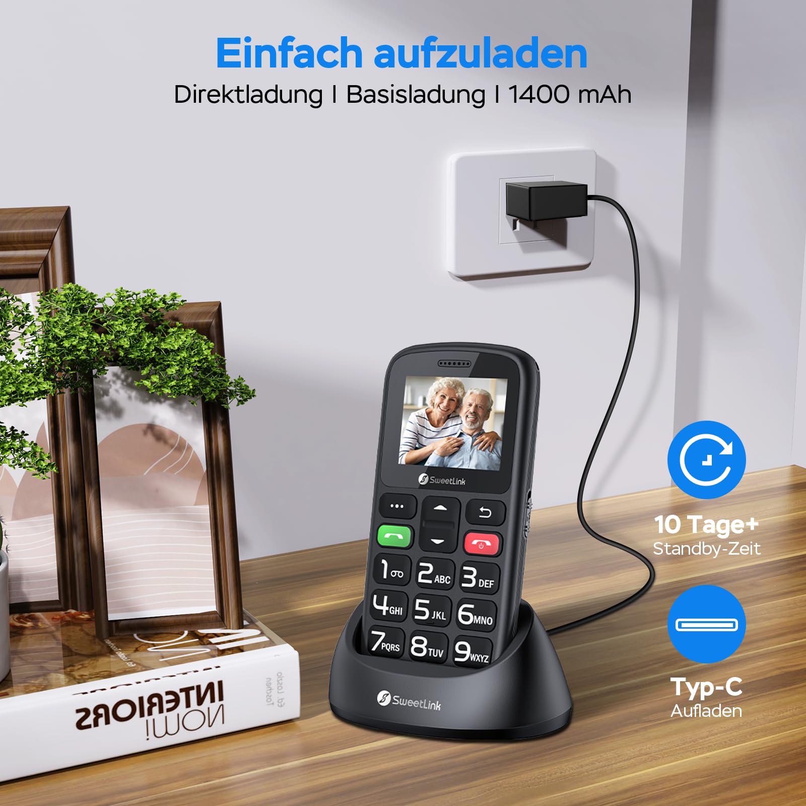 SweetLink S2PLUS Seniorenhandy ohne Vertrag – Dual SIM 2G GSM mit 1400mAh Akku, SOS-Notruftaste, 1,77" Großtasten-Display, Ladestation & FM-Radio | mit Klarer Sprachansage und 12 Tage Standby