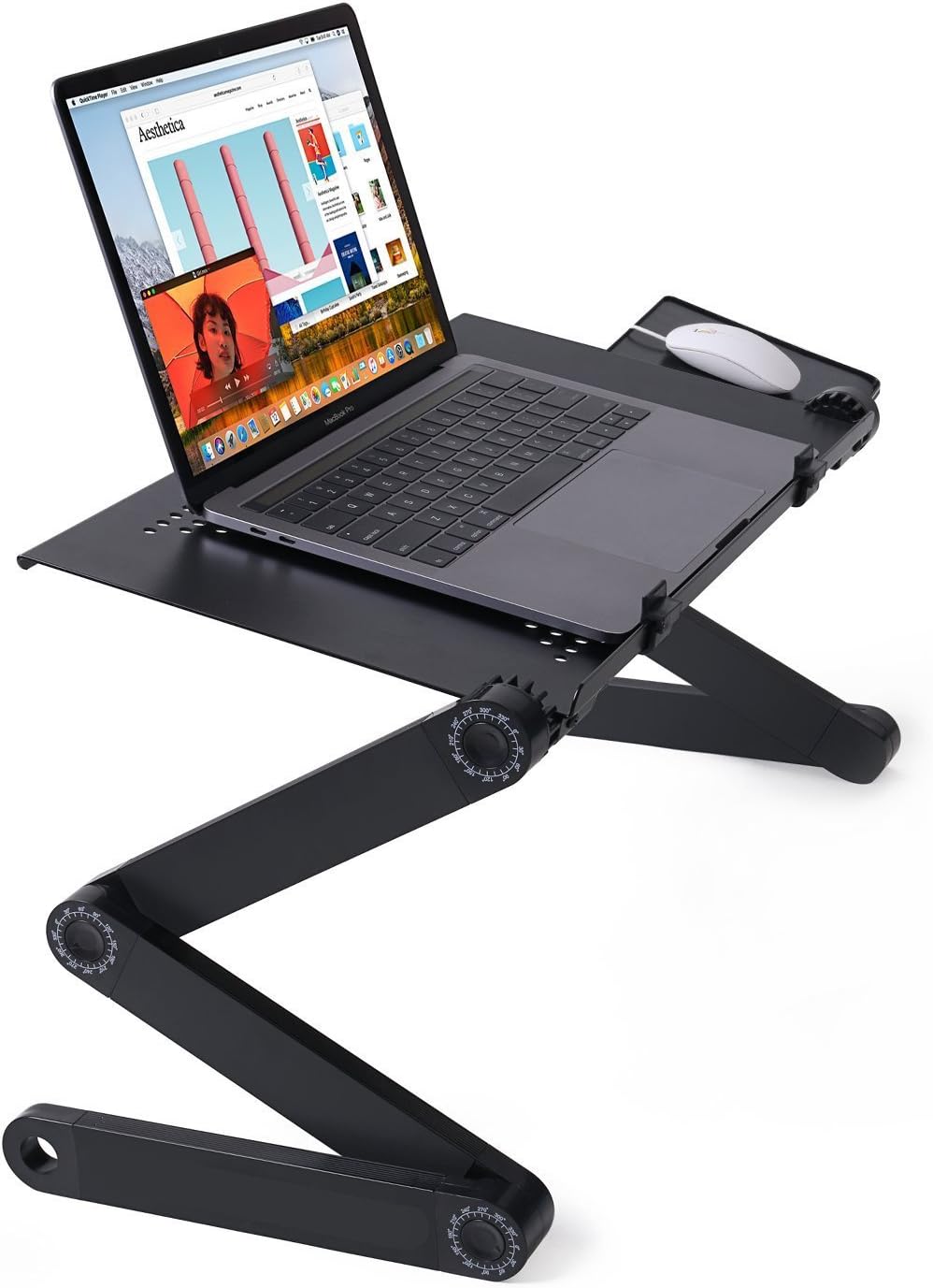 Adjustable Folding Laptop Stand with Mouse pad - Notebook Table Computer Desk Portable - Recliner Bed Lap Tray Ultrabook-Macbook Light Weight Multifunctional Design Dual Layer up to 18" Black