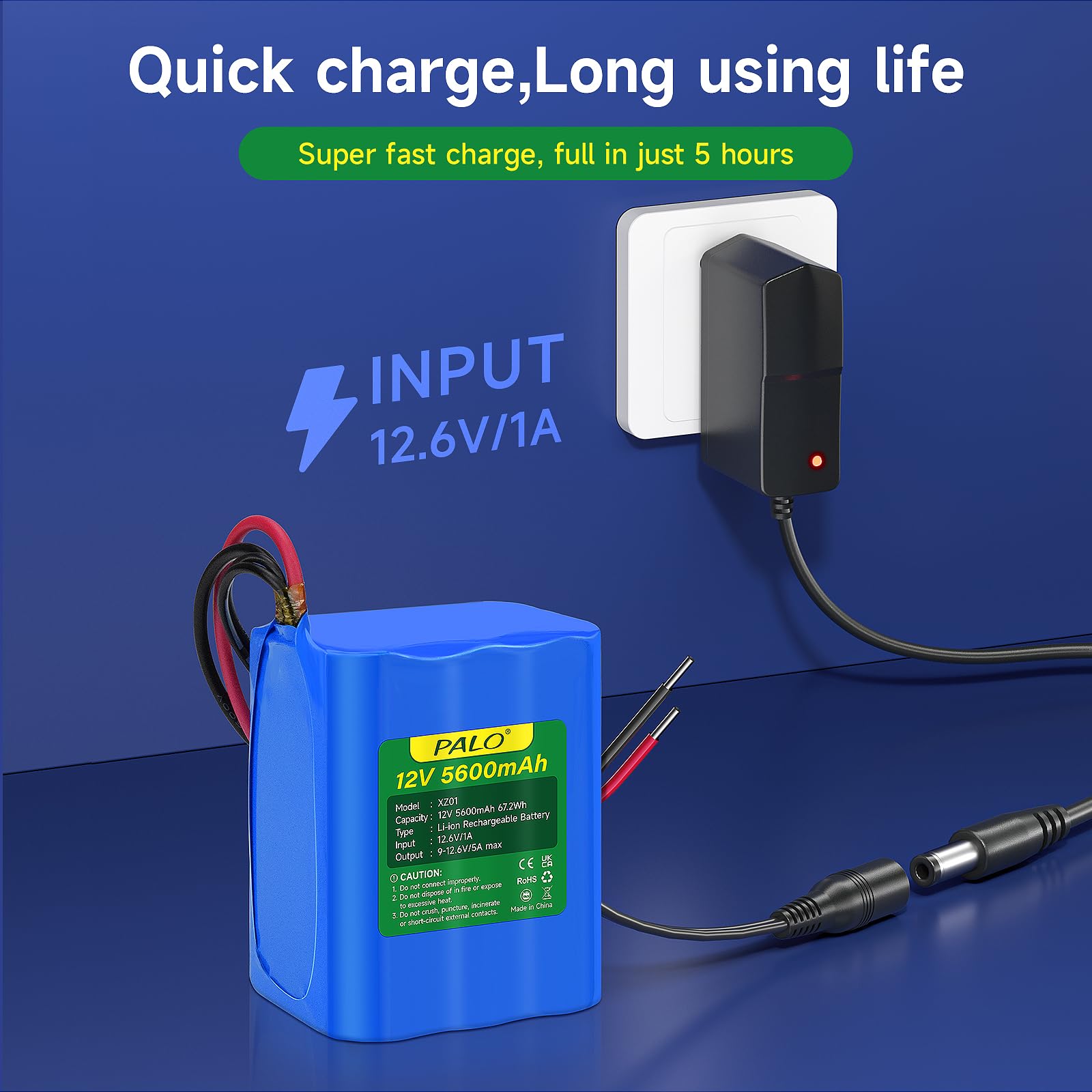 Batterie Lithium-ION 12 V 5600 mAh avec Chargeur et Ligne de Connexion pour Radio, appareils Photo, caméscopes, Orgue électronique, Lampe de Lecture DIY, télescopes, Sonar, Outil de Signal