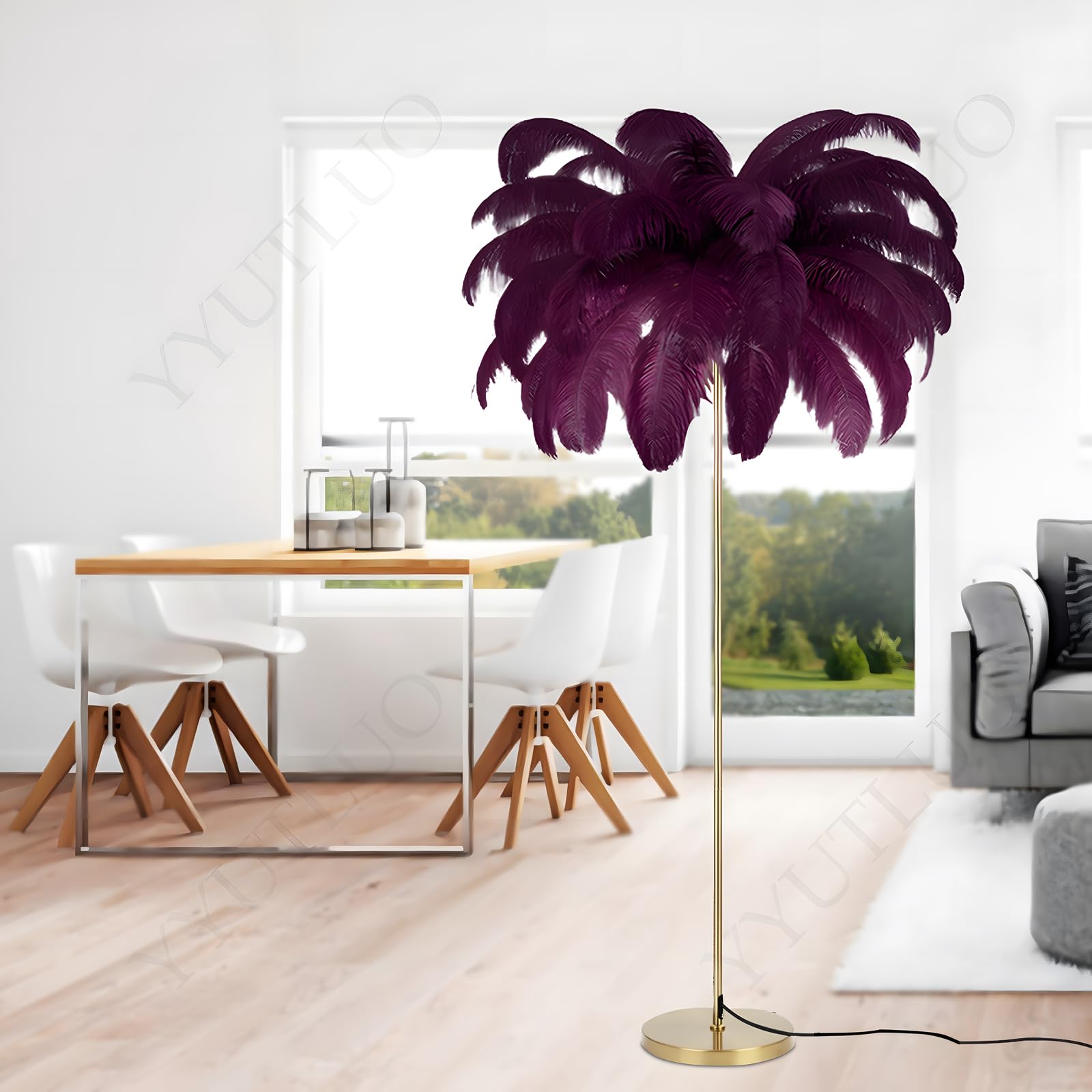 YYUTLUO Modern Feather Lamp, Natural Ostrich Feather Floor Lamp, 160cm Height, Gold Pole and Base Standing Light, 3 Color Temperatures G4 LED Bulbs, Living Room Children Bedroom Office (Purple)