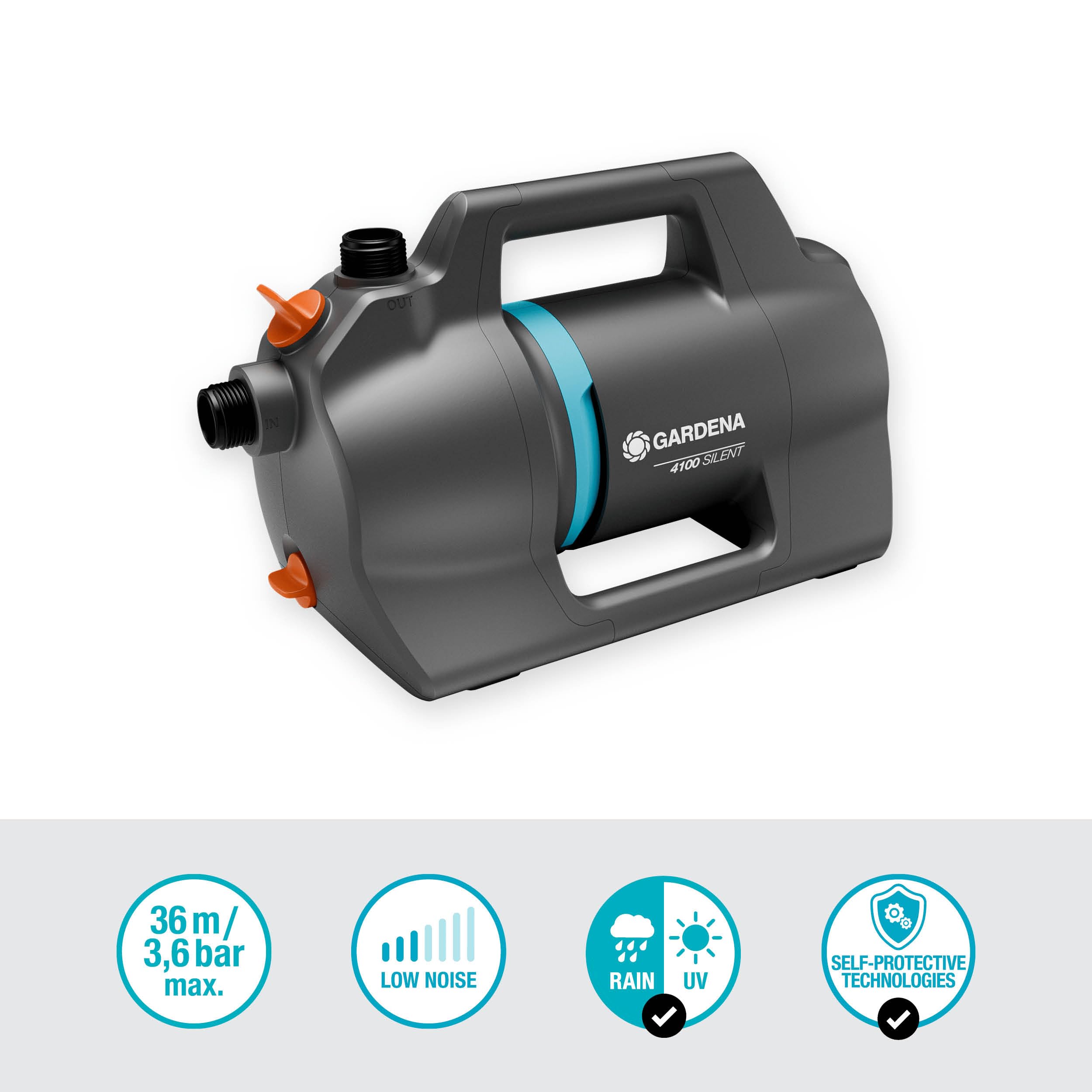 Gardena Gartenpumpe 4100 Silent Saugschlauch Set: Sehr leise, innovative Bewässerungspumpe mit 7 m Sauggarnitur, Fördermenge 4100 l/h, 550 W Motor, 3,6 bar, wasserfest, stromsparend (9052-20)