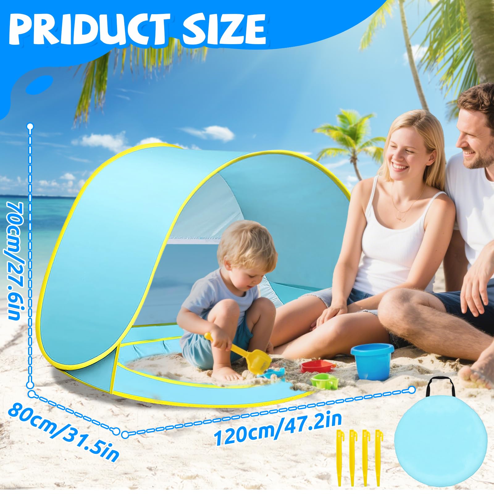Tente de Plage Pop-up, Tente de Plage Anti UV, Automatique, Facile à Installer, Convient pour la Famille, Le Pique-Nique, Le Camping (Bleu)