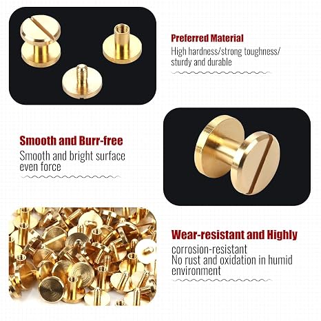 Chicago Binding Screws - 4 mm x 4 mm Binding Post - 10 mm Phillips Nut - Chicago Screw Binding Post Set for DIY Leather Decorations, Scrapbooking, Photo Albums, Bookbinding (Brass, 25 Pieces)