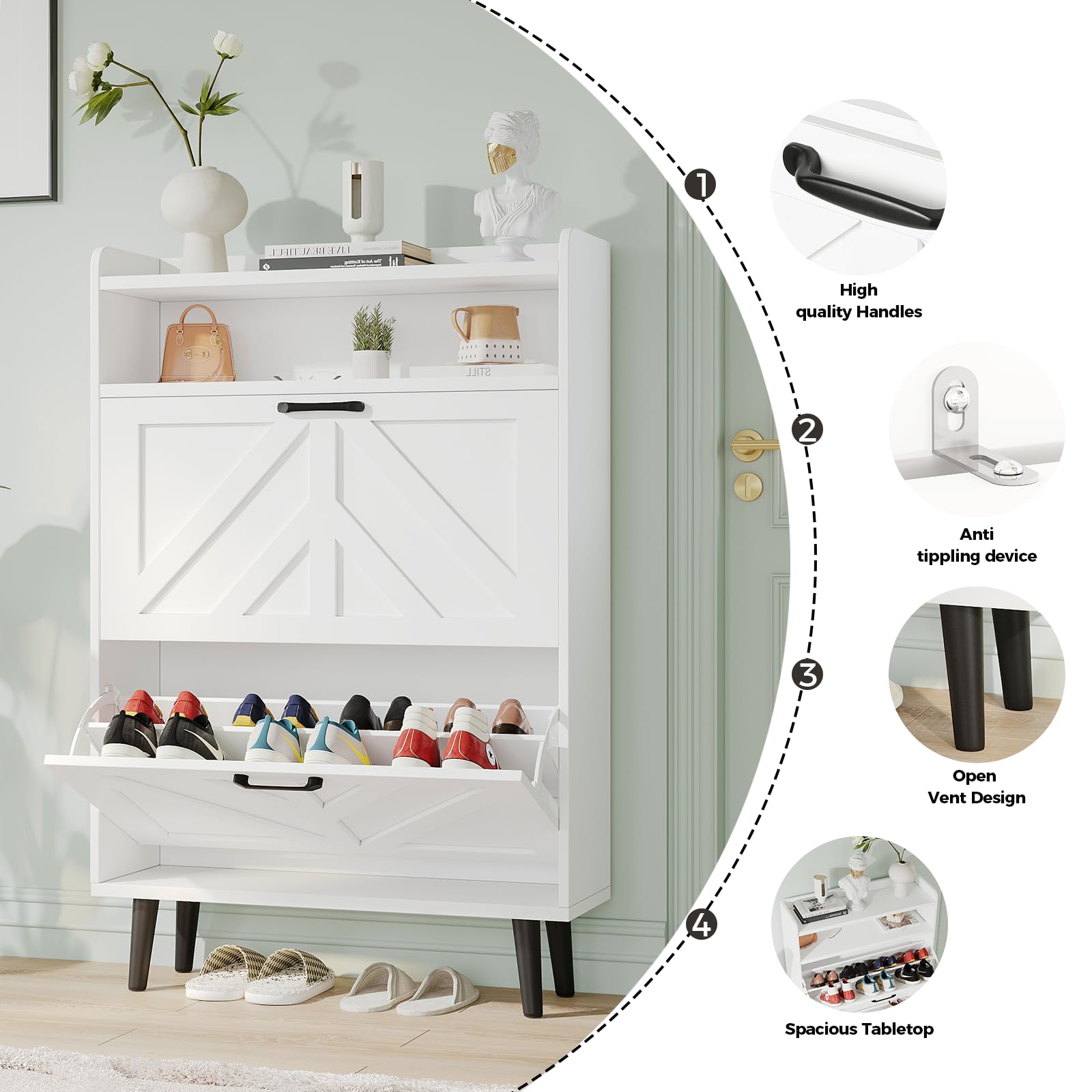 VOWNER Drewniana szafka na buty z 2 składanymi drzwiczkami i regulowanymi półkami, biała, 75 x 24 x 113 cm