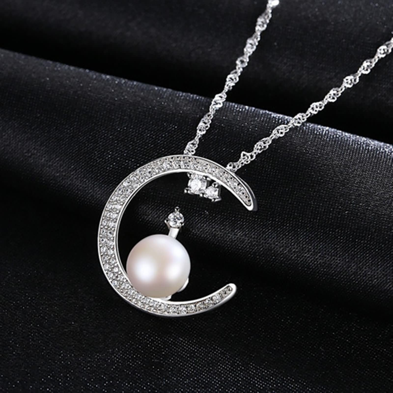 Ciondoli Collane Argento Donna,Ciondoli Collana Argento Sterling 925 Luna con Perla Zirconia Cubica Catene Collana Argento