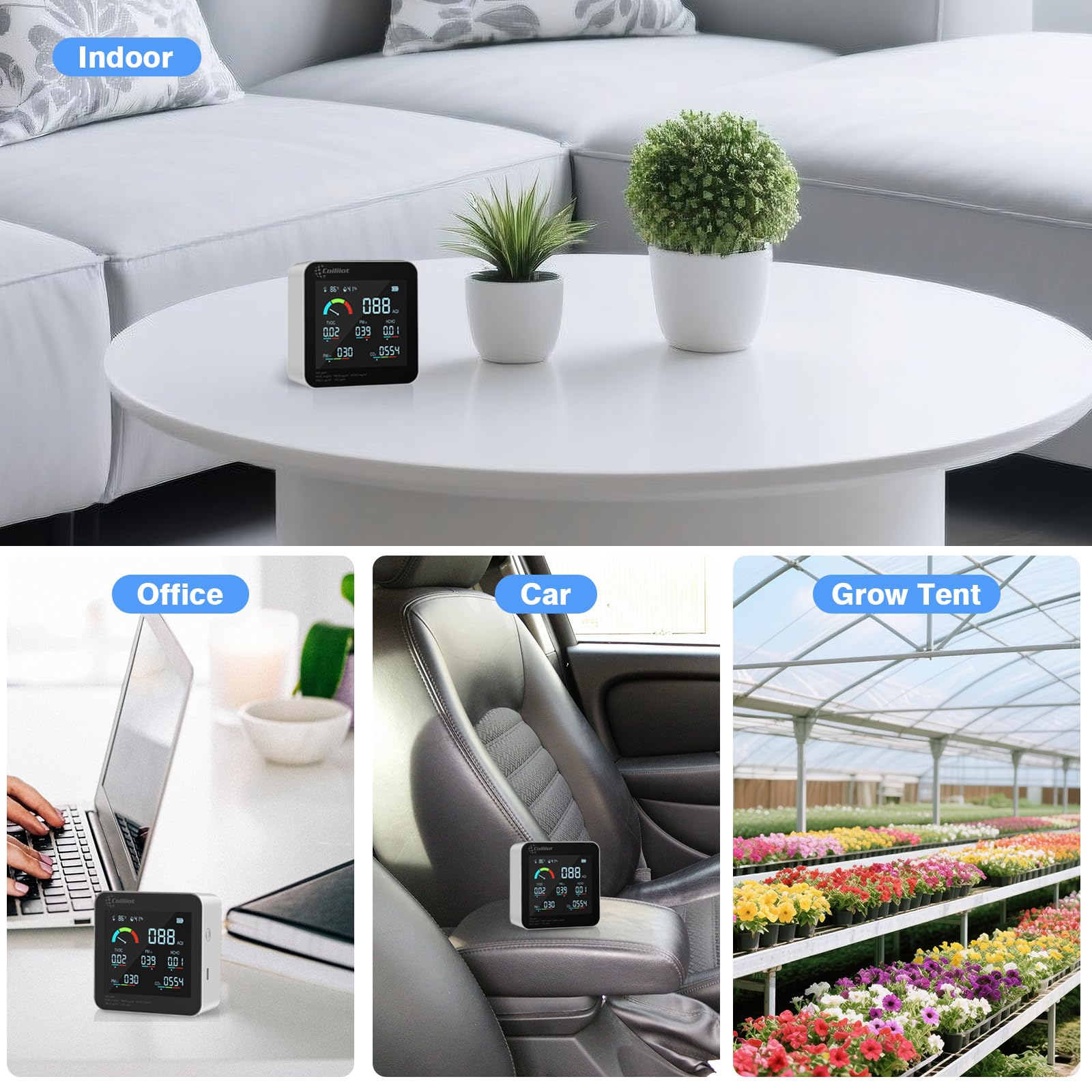 Monitor de calidad del aire interior, detector de CO2 HCHO TVOC PM2.5/PM10 con medidor de temperatura y humedad, probador de AQI en tiempo real para oficina en casa (blanco)
