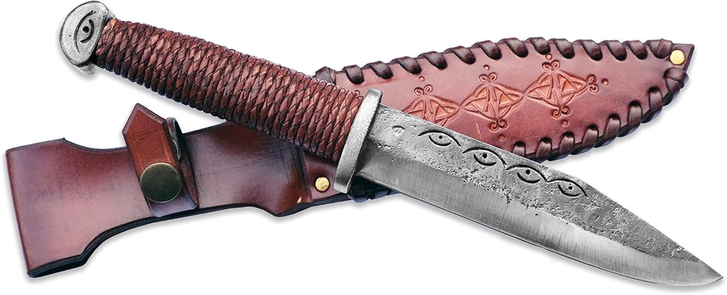 TOFERNER Coltello Celtico Forgiato A Mano - Lama Affilata In Acciaio Per Molle Con Fodero In Vera Pelle - Regalo Per Amanti Di Arte E Cultura