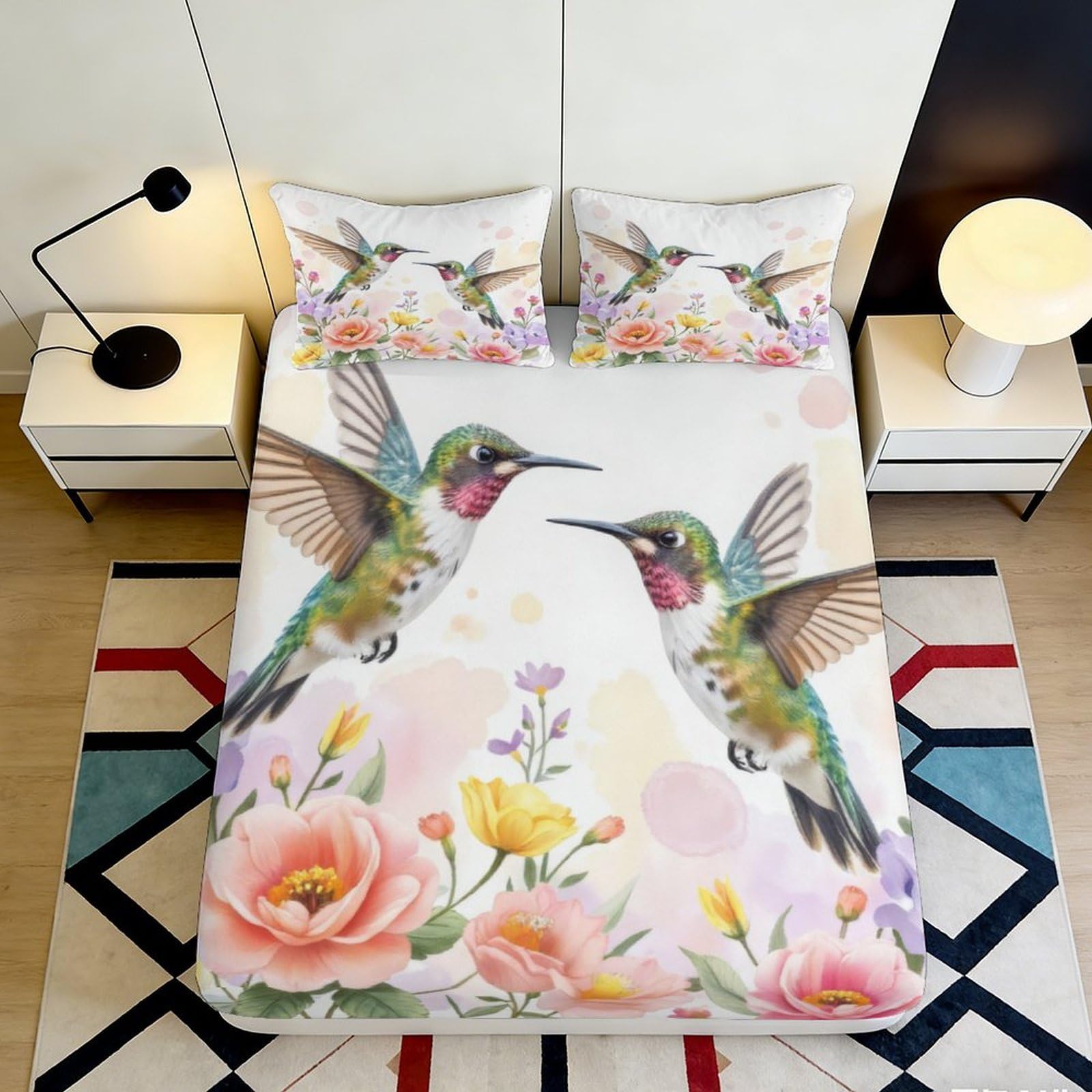 3D Printed Floral Hummingbird Fitted Sheet Microfiber Non-Slip Deep Pocket Floral Hummingbird Mattress Fitted Cover Washable for Bedroom 140x200x25cm