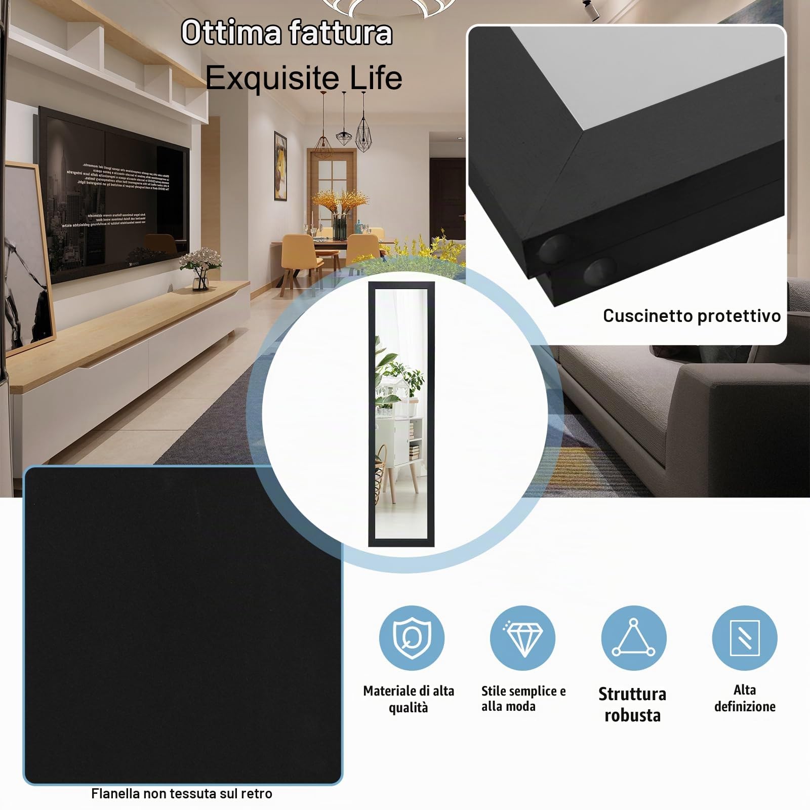 LIFEZEAL 2 in 1 Specchio da Parete, da Terra Lungo, Specchio da Pavimento Ingresso Senza Carda Specchiera Rettangolare, 155x37cm per Soggiorno, Camera da letto, Bagno, Moderno, Elegante (nero)