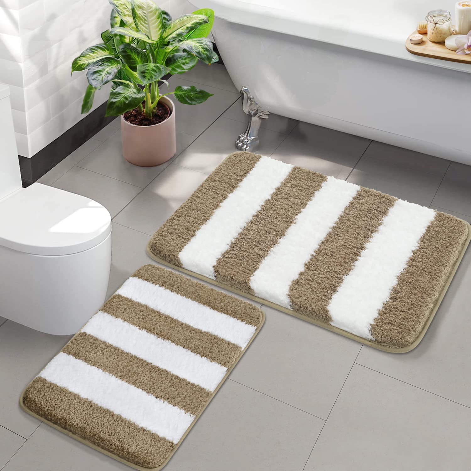 Kmson Bathroom Rugs Set 2 Piece, Microfiber Shaggy Soft Bath Rug for Bathroom, Non Slip Thick Plush and Water Absorbent Bath Mat, Machine Washable Quick Dry Bedroom Door Mat Shower Tub Rug Beige