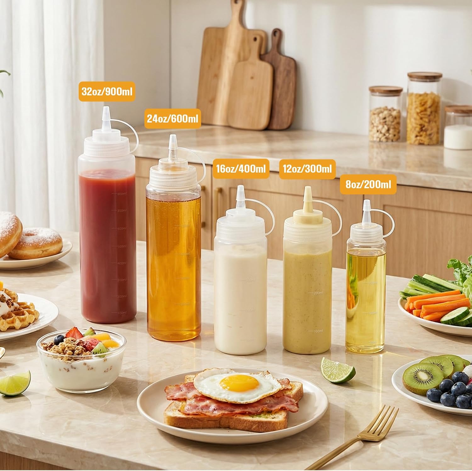 4 Pack 12 oz Condiment Squeeze Bottles, Leak Proof BPA-Free Plastic Squirt Bottles with Caps, Refillable Sauce Dispenser for Ketchup, Syrup, Oil, BBQ, Salad Dressing, Easy to Fill & Clean