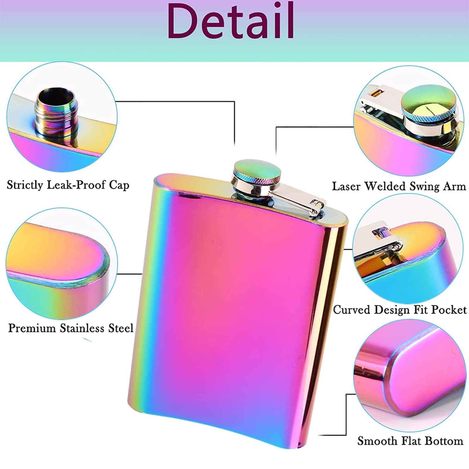 JEOPKO Stainless Steel Hip Flask, 6oz Portable Flask Rainbow Colored Pocket and Leak Proof,Stainless Small for Hiking Hunting, Camping - Image 4