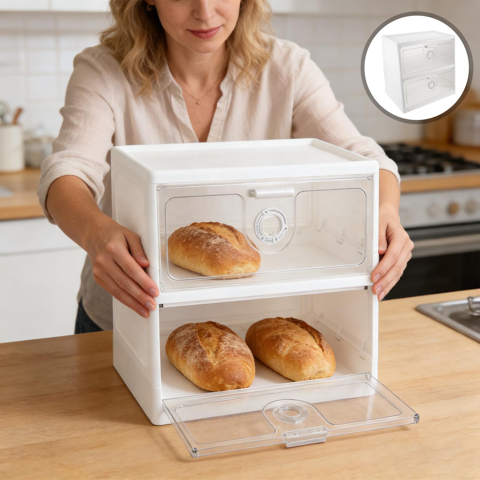 Scatola per Pane in Plastica a Doppio Strato con Timer, Conservazione Freschezza e Visibilità Totale, Organizer per Alimenti da Cucina per Uso Casalingo