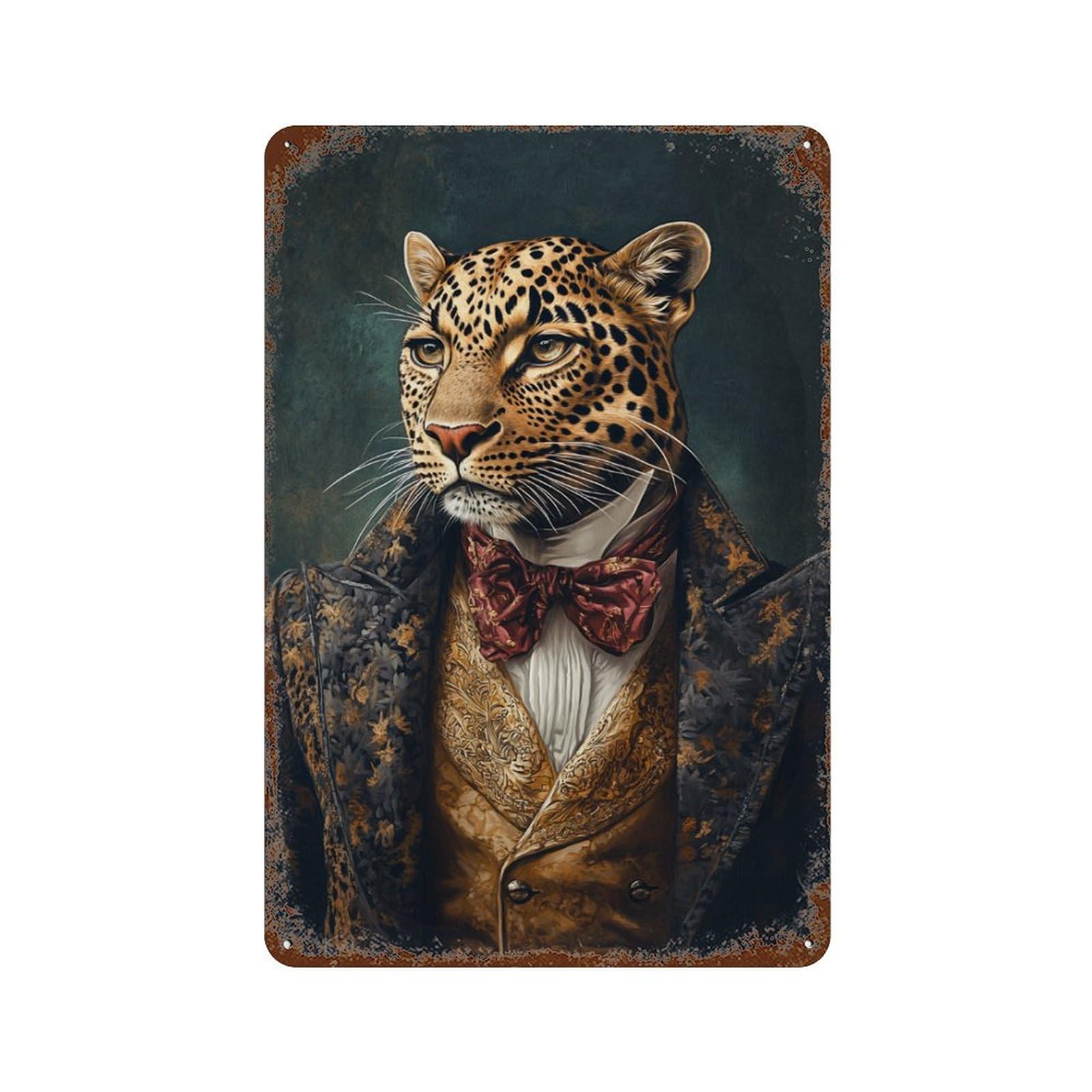 Leopard in Formal Attire Aged Metal Wall Plaque 11.8"x7.9", Classic Wall Plaque for Garage, Pub Or Kitchen