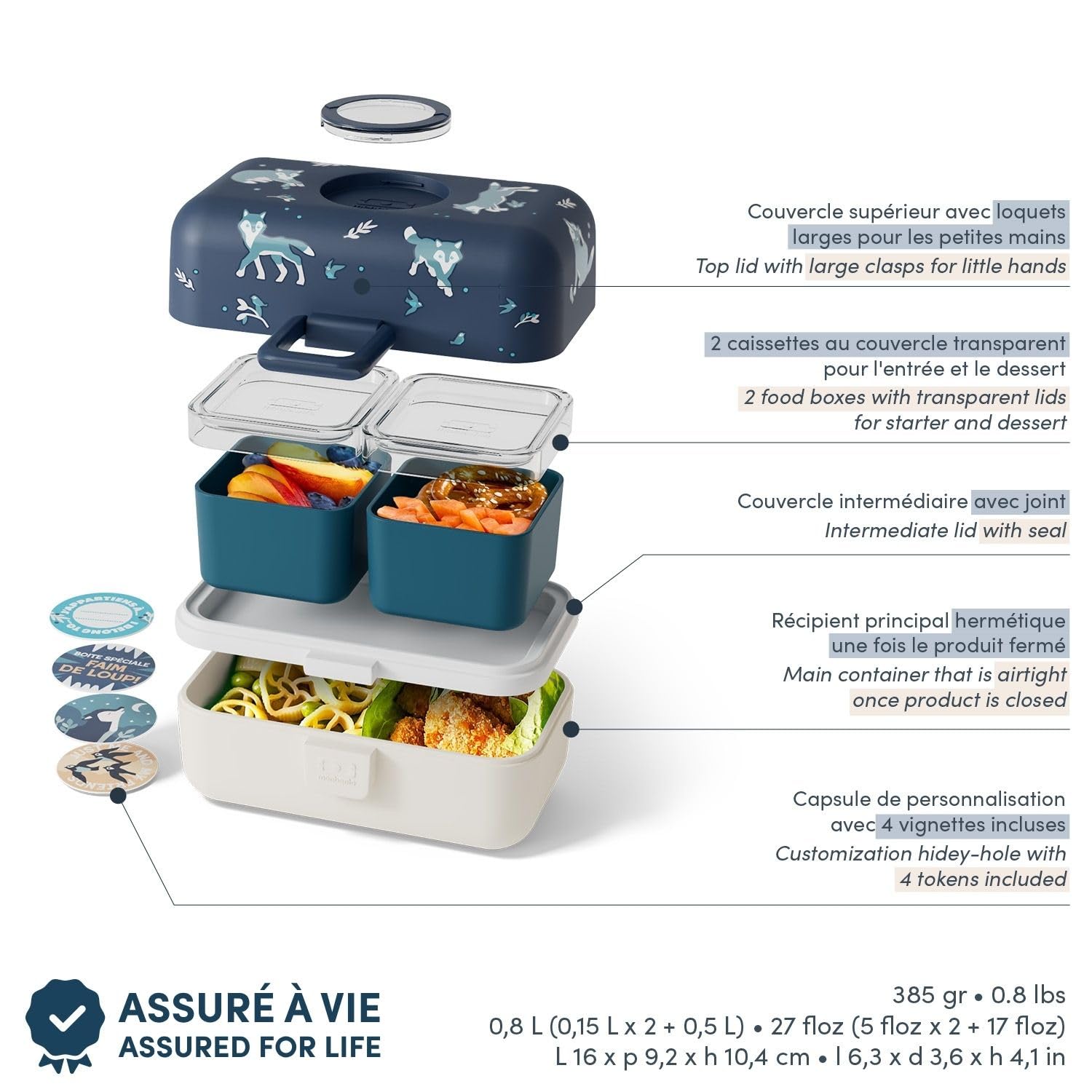 monbento Pudełko na lunch Bento dla dzieci Tresor Blue Wolf – 3-komorowe pudełko na lunch dla dzieci – idealne na podróż / piknik – konfigurowalne pudełko na przekąski, nie zawiera BPA i wytrzymałe