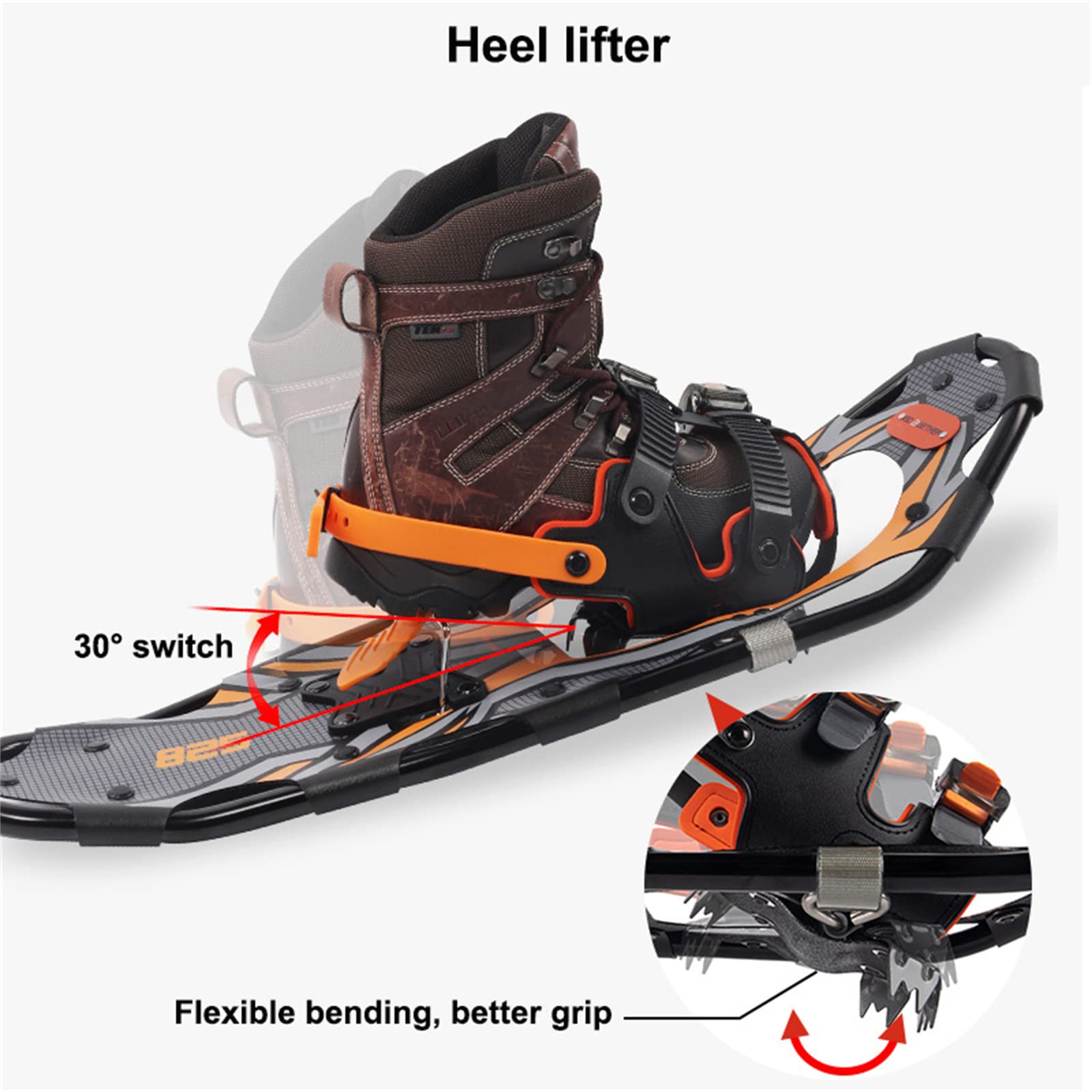 Raquettes À Neige Tout Terrain 25'' en Aluminium,avec Fixations À Cliquet Réglables Et Conception De Levage du Talon,Raquettes À Neige pour Hommes Et Femmes,Orange
