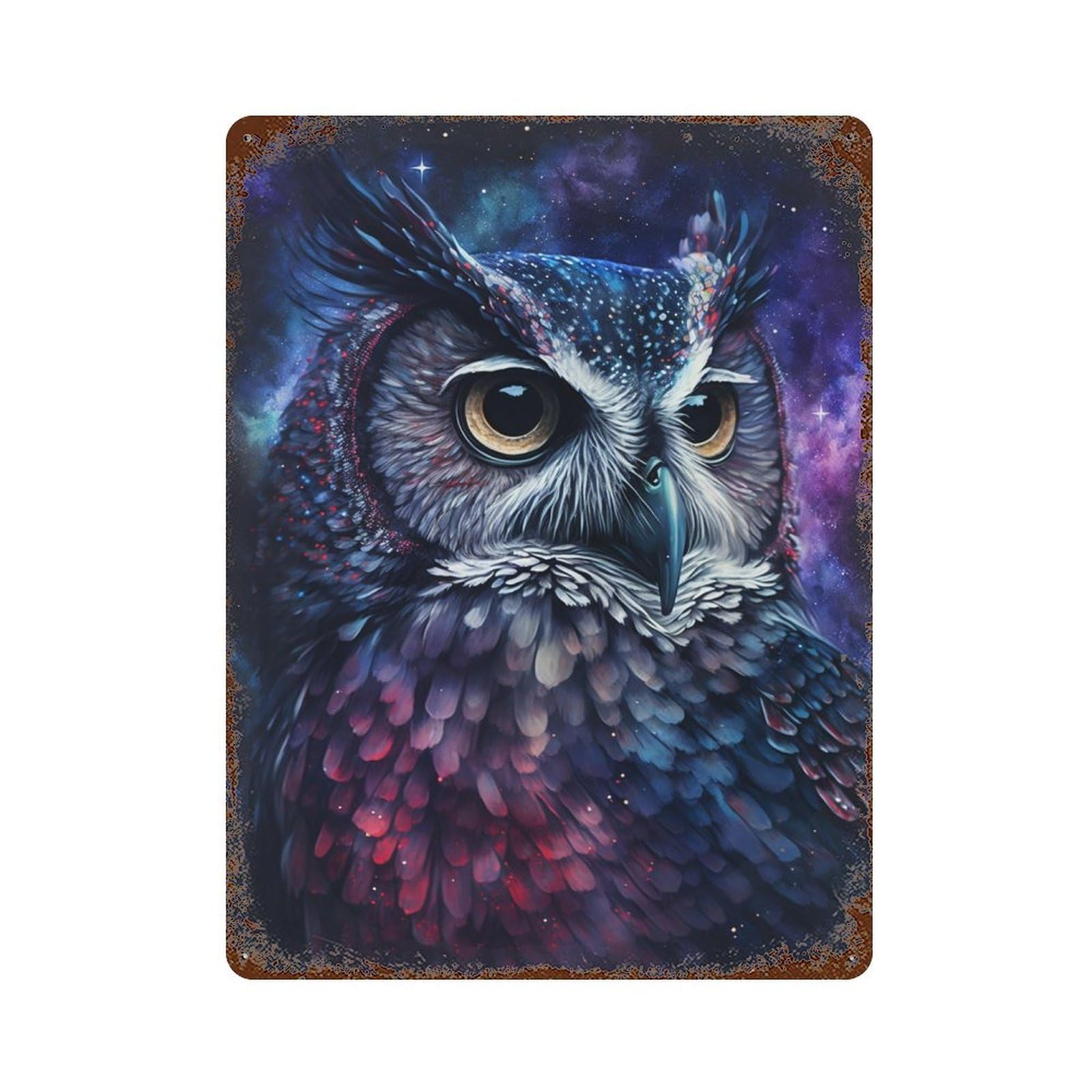 Cosmic Owl Art Print-18 15.7"x11.8" Rust Effect Tin Sign, Vintage Wall Decor for Farmhouse, Kitchen And Entryway Decor