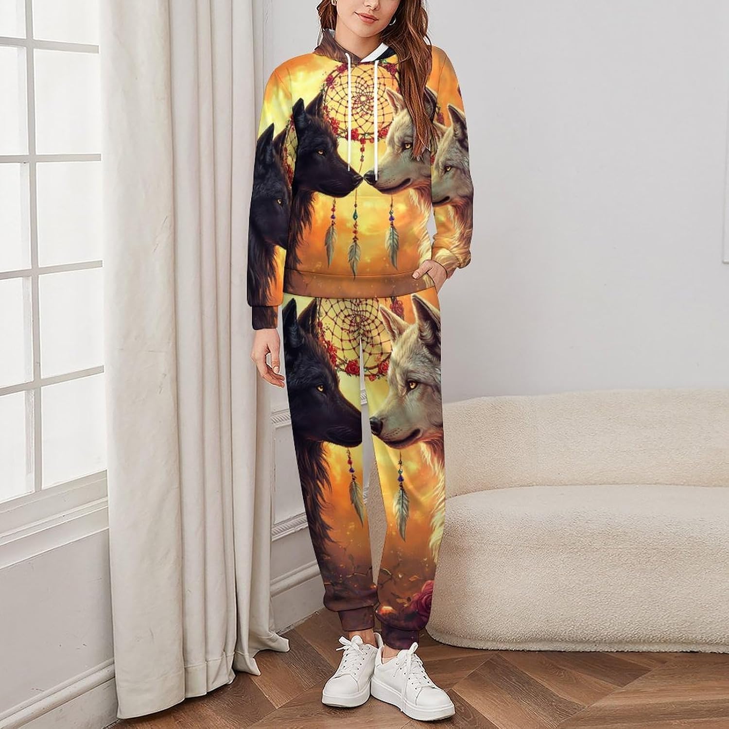 Black And Wolf Dream Catcher Adult 2 Piece Tracksuits Hoodie Sweatshirt And Joggers Sweatpants Sweat Suit Outfits