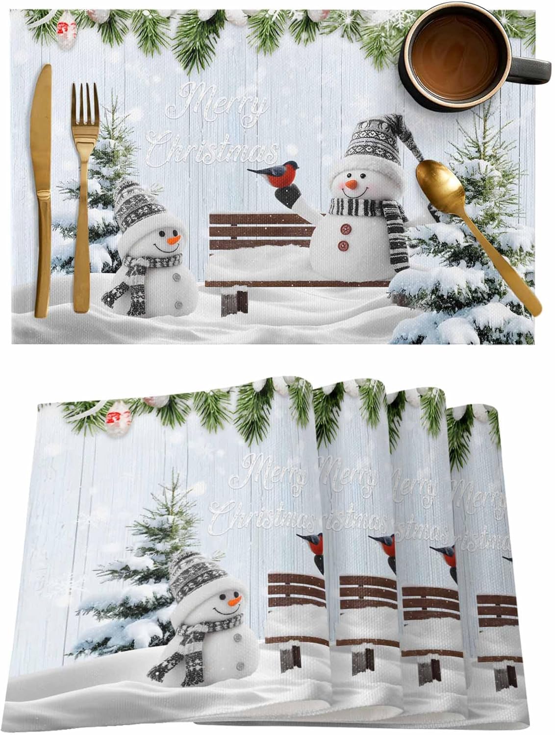 Christmas Snowman Placemats Set of 4, Xmas Snowflake Tree Botanical Berry Placemats for Dining Table Place Mats for Kitchen Table Waterproof Table Mats, Wipeable Dining Table Set
