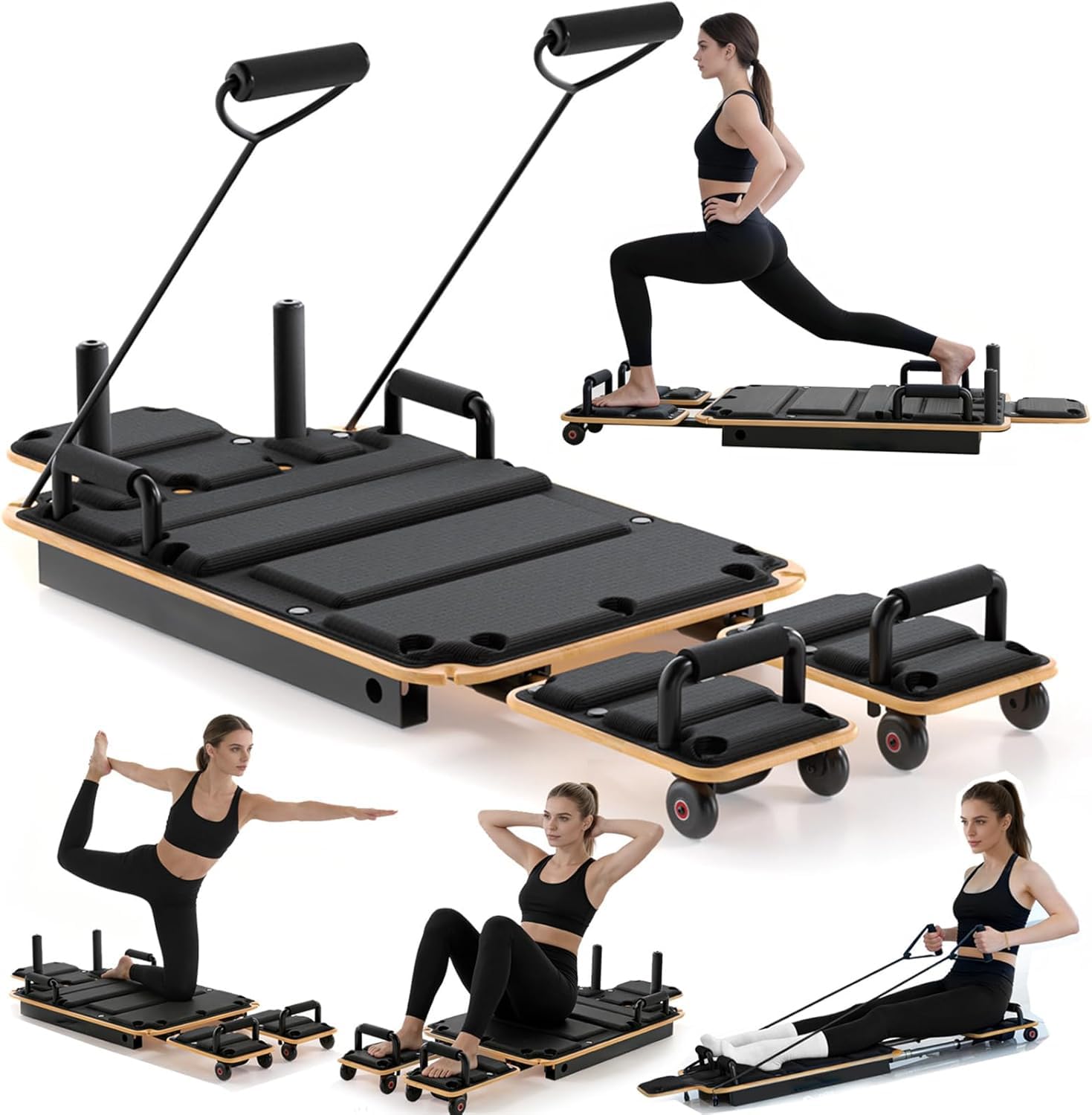 Pilates Board for Home Workout, Wooden Reformer Exercise Board with Resistance Bands & Handles, 4-Level Adjustable Resistance, Sliding Rail Ab Trainer, Full Body Core Fitness Equipment-image-32