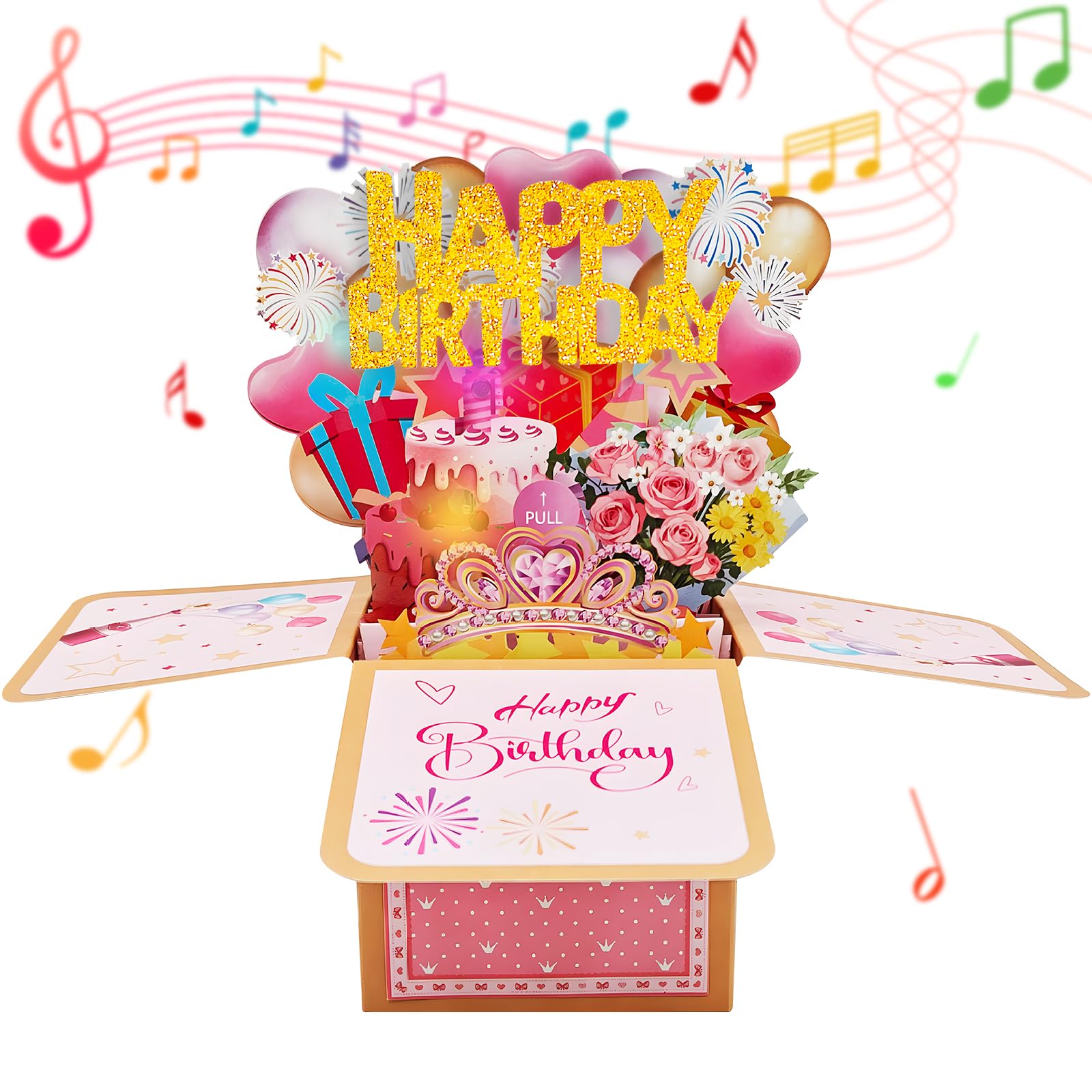 3D Birthday Card with Music, Lights & Blow-Out Candles, Pop Up Happy Birthday Card, 3D Greeting Cards for Girls, Female and Adult, Keepsake Gift for Her