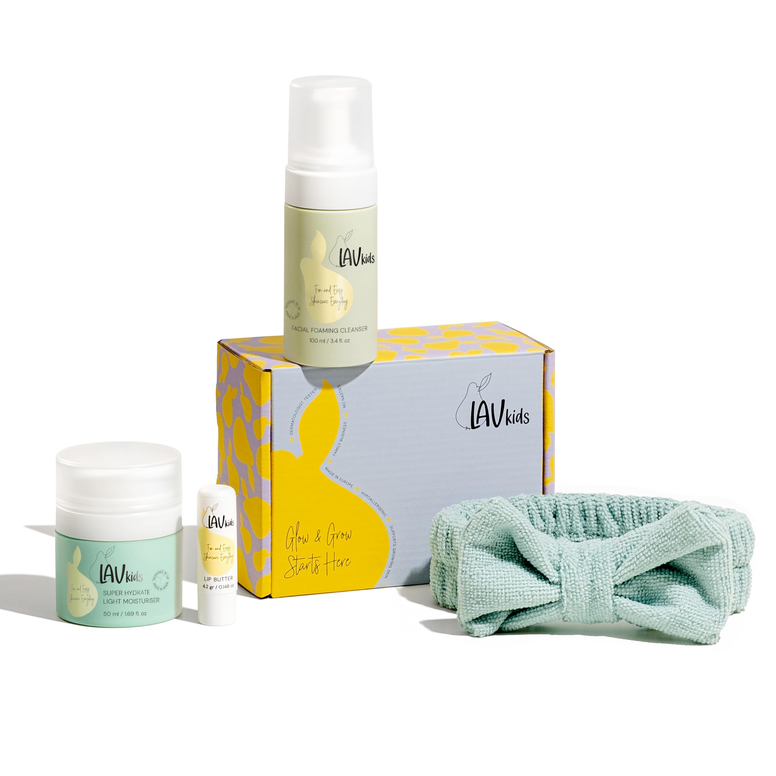 LAV KIDS Hydrating Face Care Bundle, Face Cream, Foaming Cleanser, Lip Butter, with Headband and Travel Bag, 5 Count