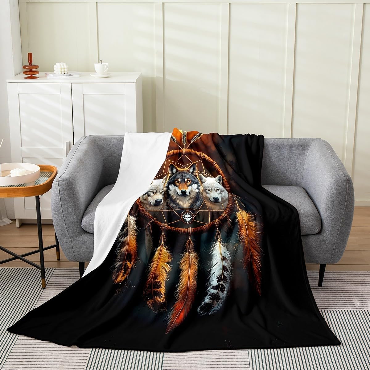 Feelyou Wolf Plush Throw Blanket Queen 90"x90" Dreamcatcher Flannel Fleece Blanket Black Brown All Season Bed Blanket Boho Dream Catcher Decor Blanket Room Decor Indian Hippie Feather Print