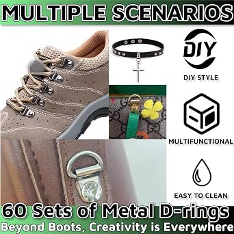 60 Sets Stainless Steel D-Ring Boot Lace Hooks with Rivets for Hiking & Martin Boot Repair DIY