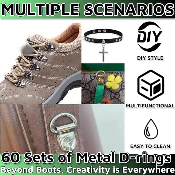 60 Sets Stainless Steel D-Ring Boot Lace Hooks with Rivets for Hiking & Martin Boot Repair DIY