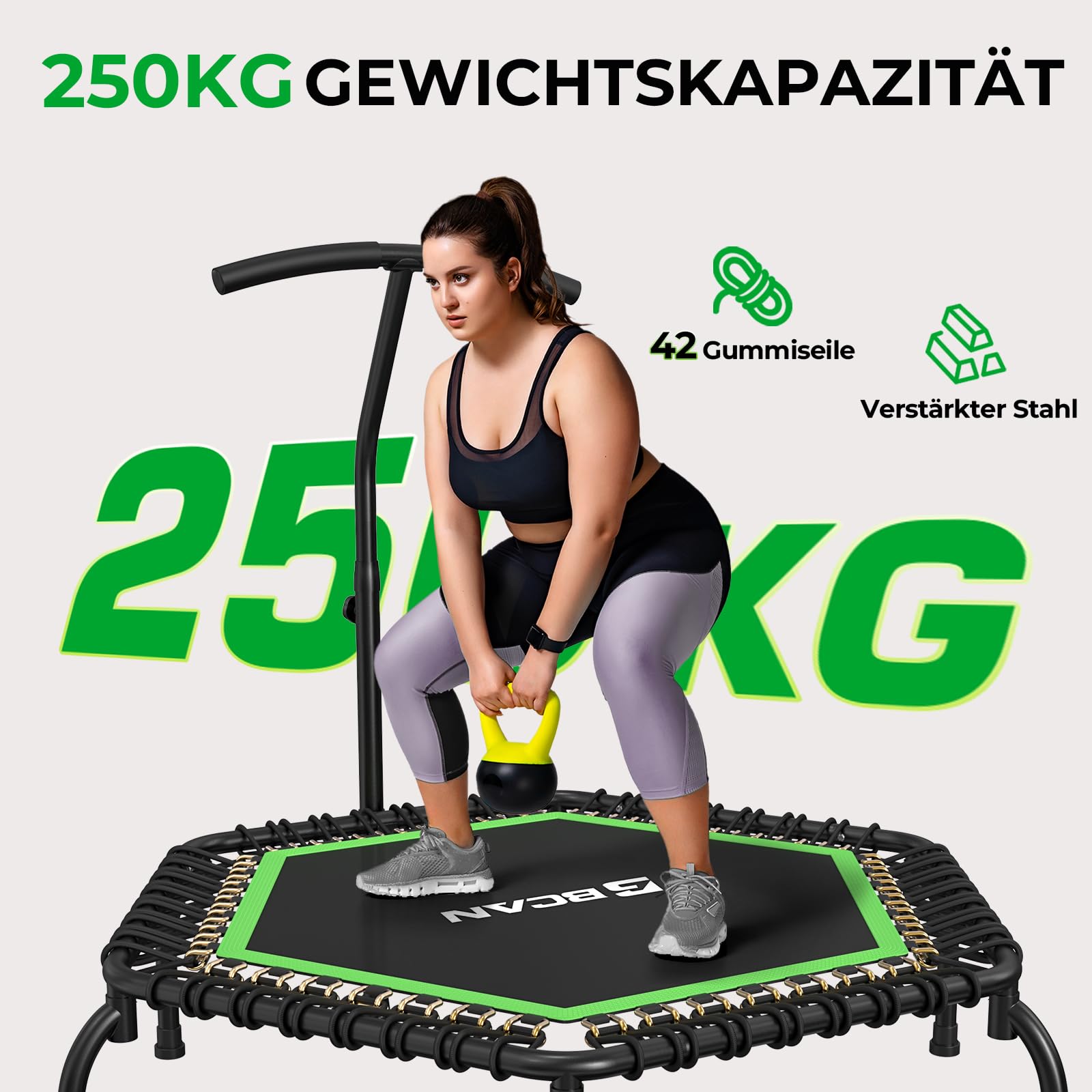 BCAN Fitness Trampolin Indoor Ø 122/130 cm, Trampolin Erwachsene bis 250 kg, Bodentrampolin mit verstellbarem T-Griff & 42 Gummiseilen, Leise & vibrationsarm