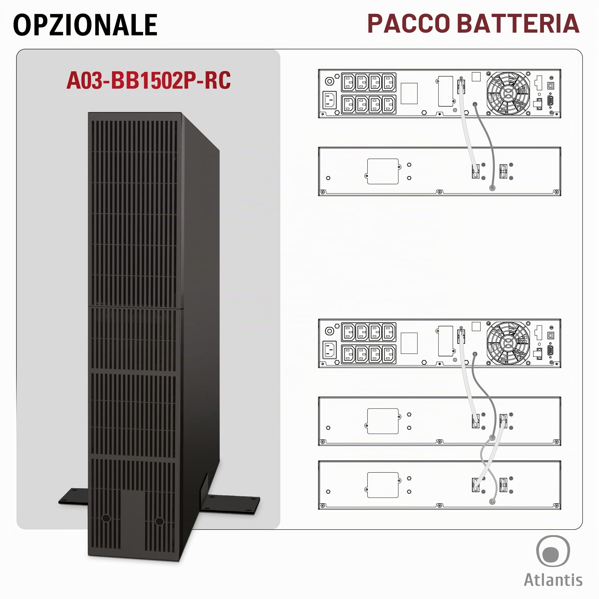 Atlantis Gruppo di Continuità UPS Online Rack 1500VA/1350W doppia conversio | onda sinusoidale pura, server, LCD, USB, RS232, 8 IEC, slot SNMP, 3 batterie 12V 9Ah, cod. A03-OP1502P-RC