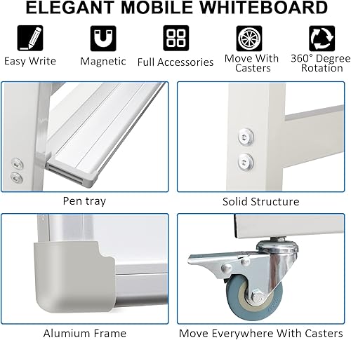 Miniatura 4 de Pizarra blanca móvil de borrado en seco de 40 x 28 pulgadas, pizarras blancas de doble cara sobre ruedas, pizarra blanca magnética abatible con