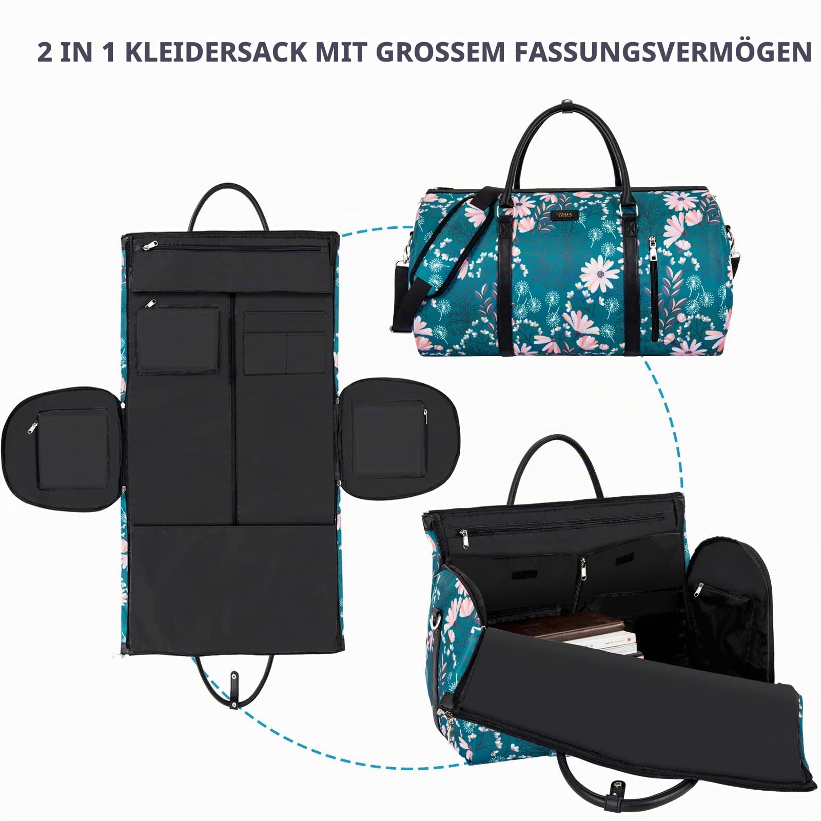 Kleidersack für Reisen mit Kulturbeutel, wandelbar, Handgepäck, Wochenendtasche, große Reisetasche, Reisetaschen für Damen, 2-in-1, zum Aufhängen, Koffer, Anzug, Reisetaschen für Damen und Herren,