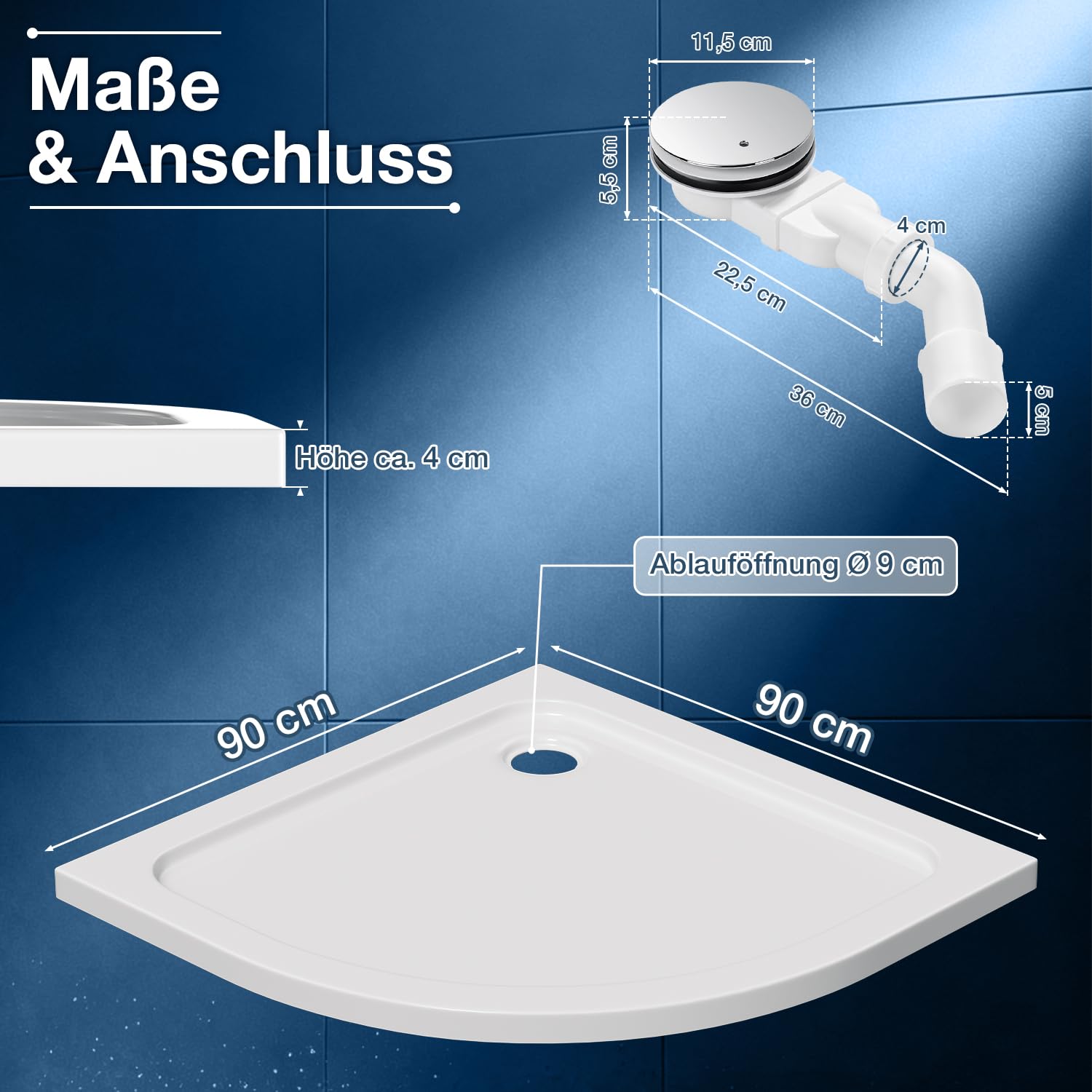 Piatto doccia 90 x 90 cm, quarto di cerchio con sifone, acrilico | 4 cm piatto, set completo con scarico, diametro 90 mm, per ristrutturazione del bagno, costruzione nuova e piccoli bagni