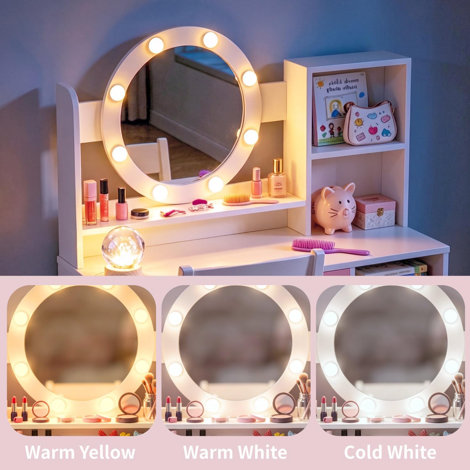 FUXA Children’s Vanity Table with Mirror and Stool, Girls Dressing Table with Storage Drawer, Painted Wood Kids Makeup Play Set for Bedroom
