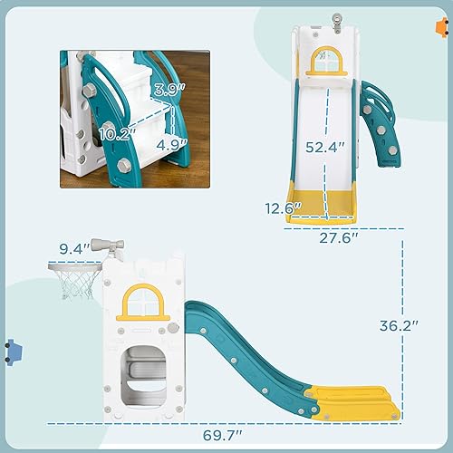 Miniatura 7 de Qaba Tobogán 5 en 1 para niños pequeños, tobogán interior para niños de 1 a 3 años, juego independiente de escalador con aro de baloncesto,