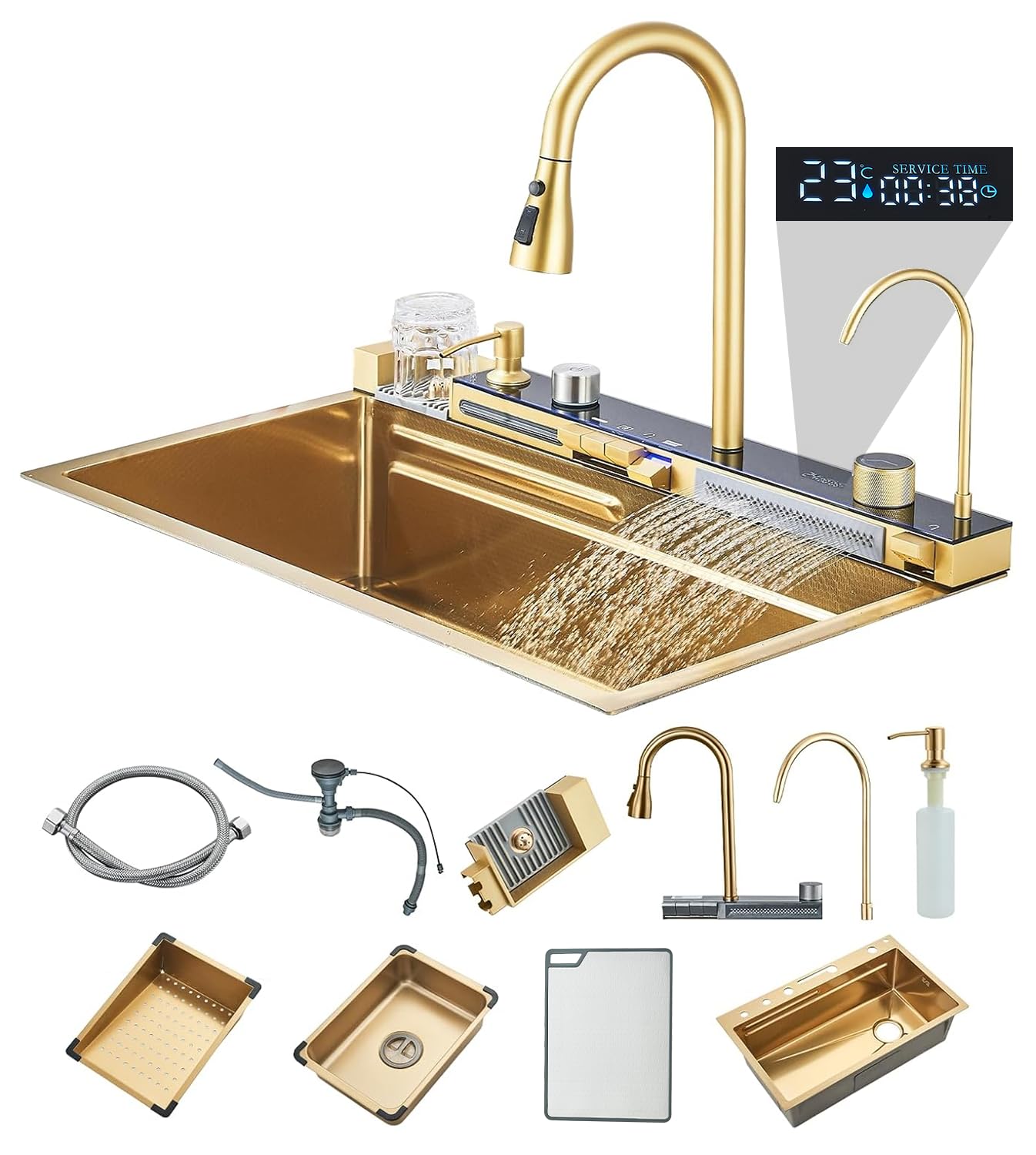 Suguword Waterfall Brushed Gold Kitchen Sink, Undermount/Drop in Single Bowl Kitchen Sink With Pull Down Spray Head Faucet, Farmhouse Workstation Sink with Multiple Accessories, 29.5x18 Inch