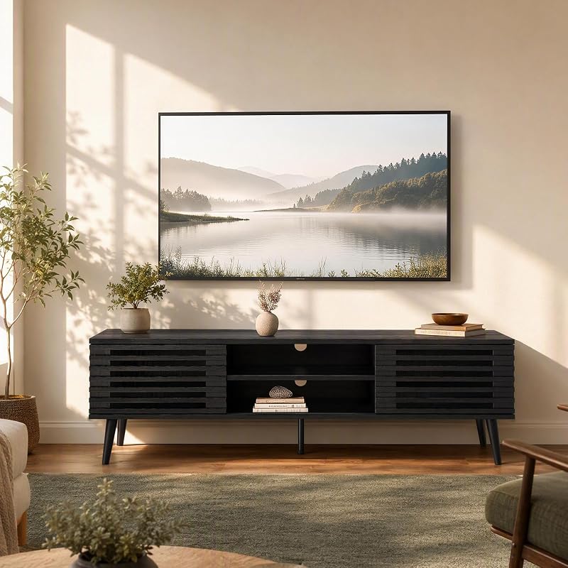 HAIOOU Mid Century Modern TV Stand, 52" Wooden TV Console with Slatted Sliding Doors and Storage for 50/55/60 Inch TV, Small Entertainment Center Media Console Cabinet - Wood Grain Black image 3
