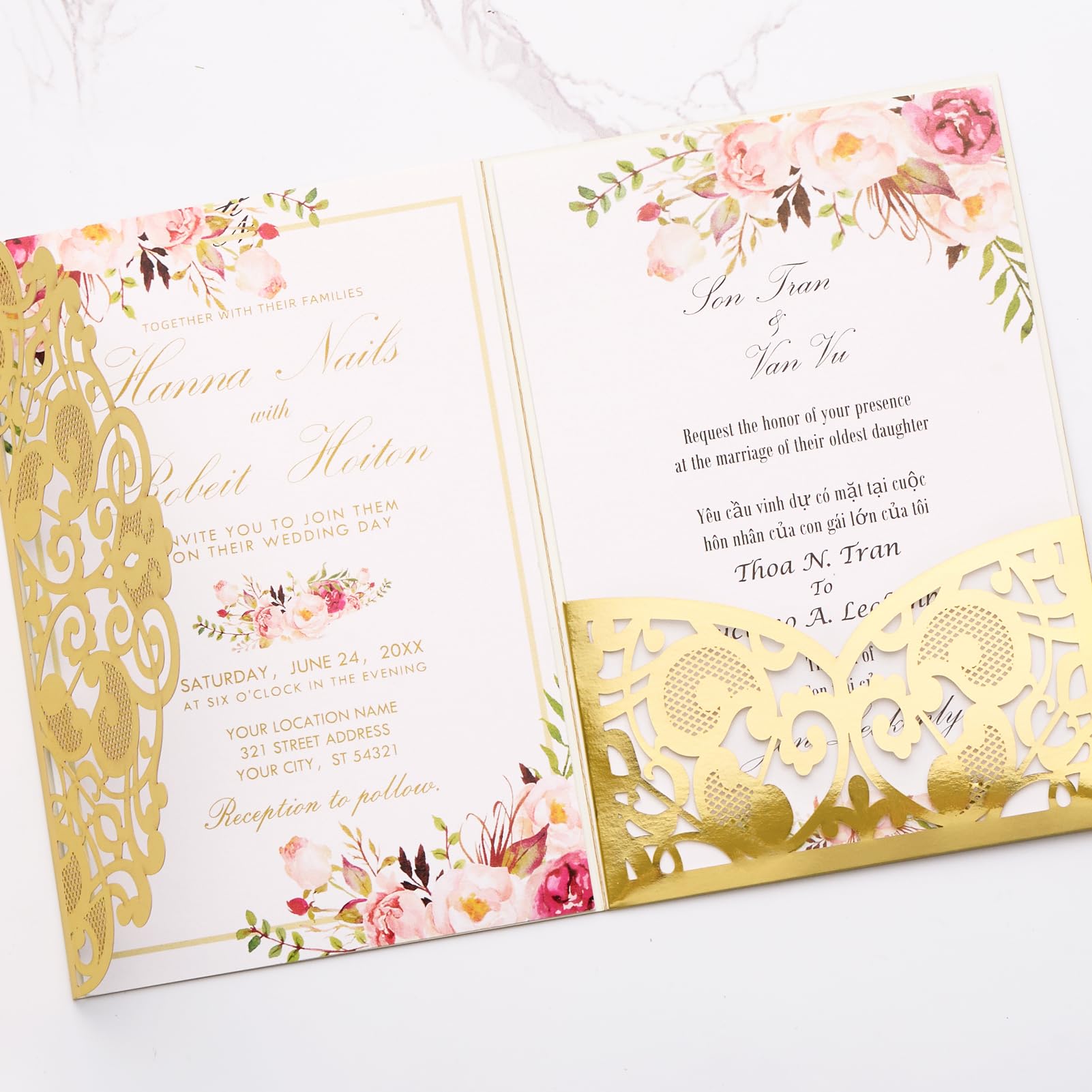 Einladungskarten für Hochzeit, Verlobung, 50. Jahrestag, Geburtstag, Einladungshüllen, goldfarben, für Hochzeit, Verlobung, 50. Hochzeitstag, Party-Einladungen, 50 Sets